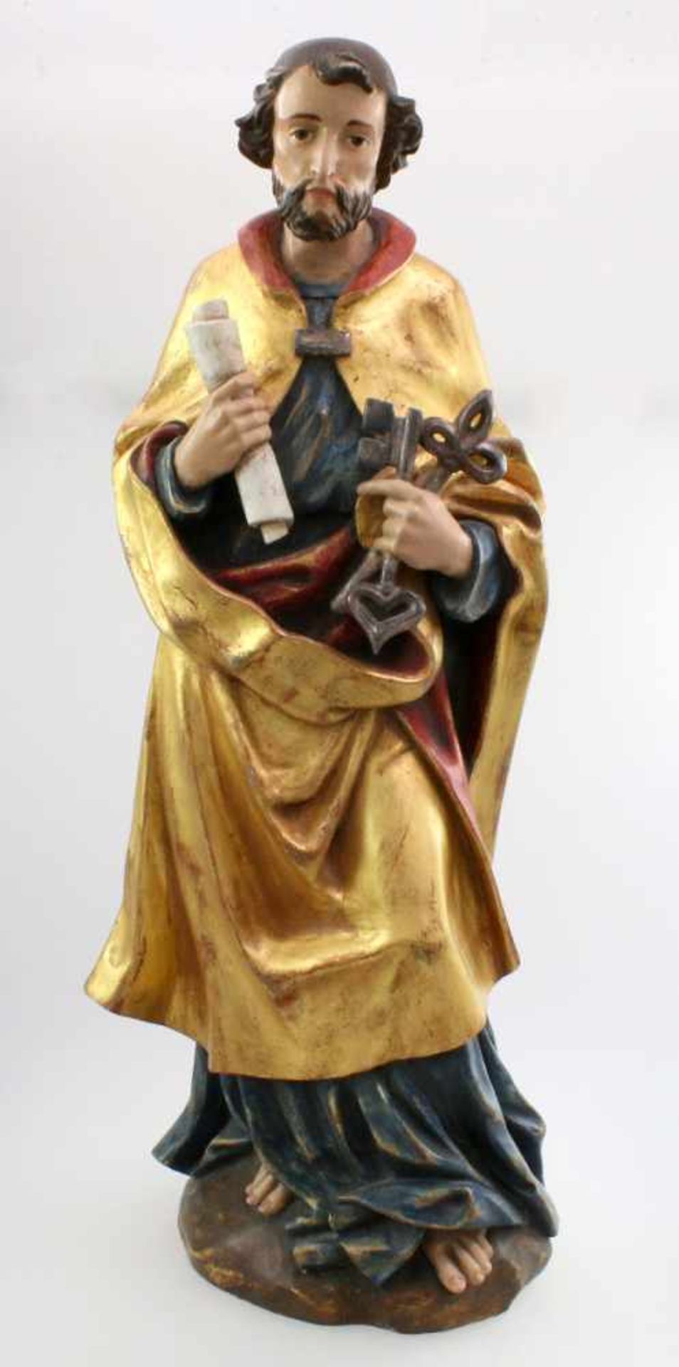 Große Holzfigur - Heiliger Petrus Polychrom- und goldstaffiert, Petrus hält in der linken 2