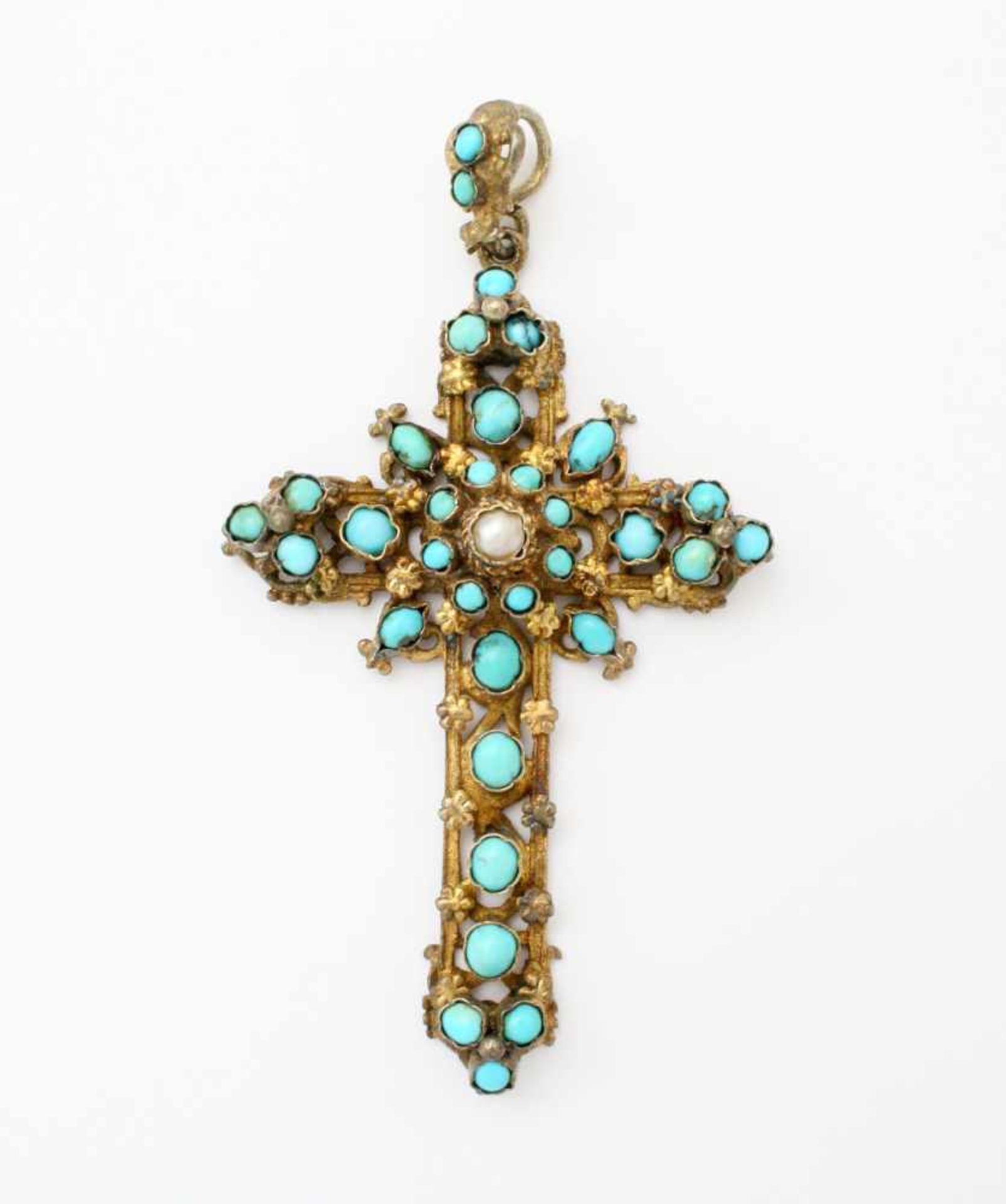 Vergoldetes Jugendstilkreuz mit Türkisbesatz Floral verziertes Kreuz, auf 2 Ebenen, teilweise