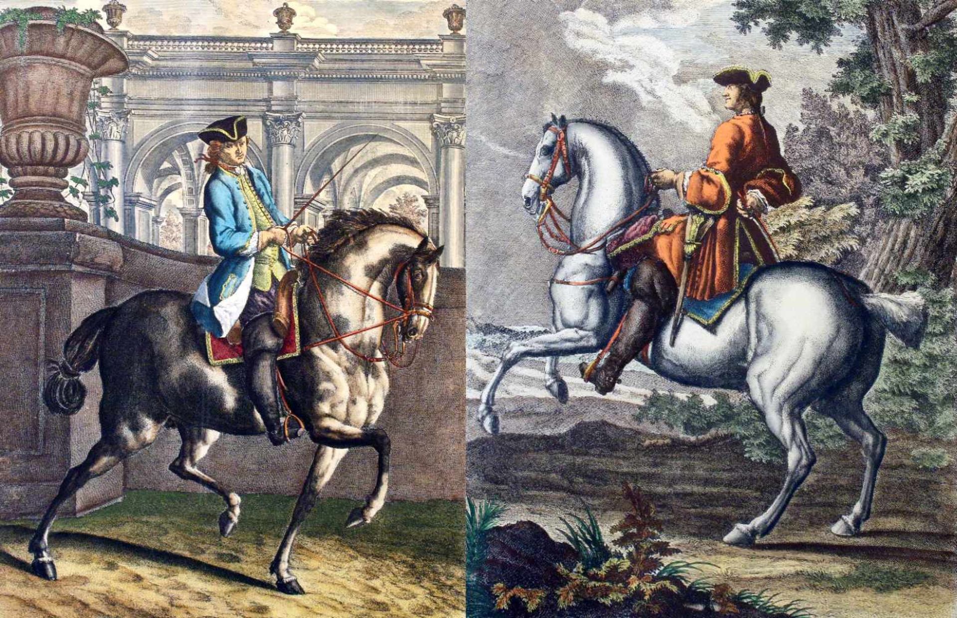 2 colorierte Kupferstiche - Johann Elias Ridinger (1698-1797) "Der Galopp gerad' aus" und "Die