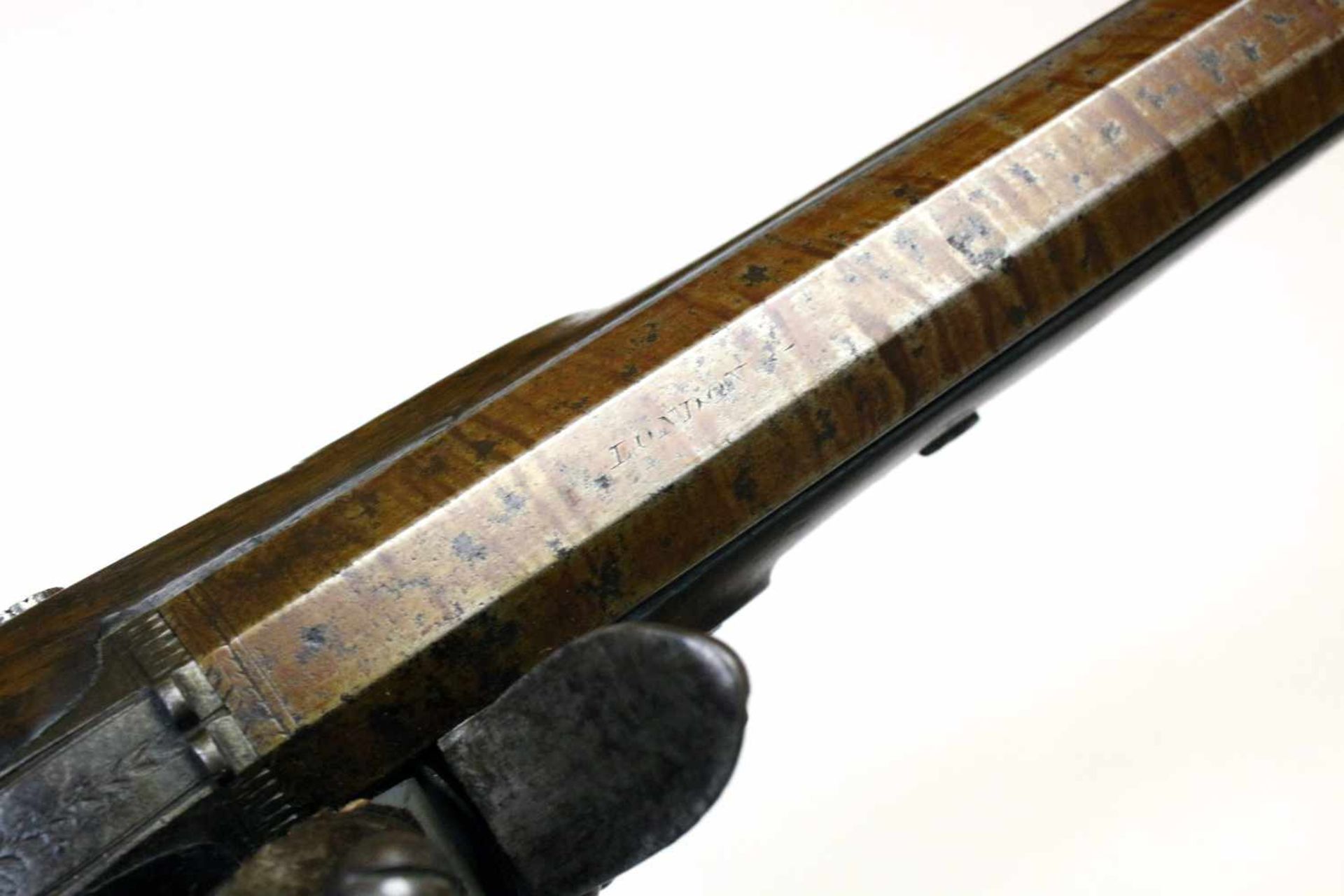 Steinschlosspistole-Scheibenpistole - Wheeler in London um 1800 Glatter, bräunierter Oktogonlauf - Bild 7 aus 9