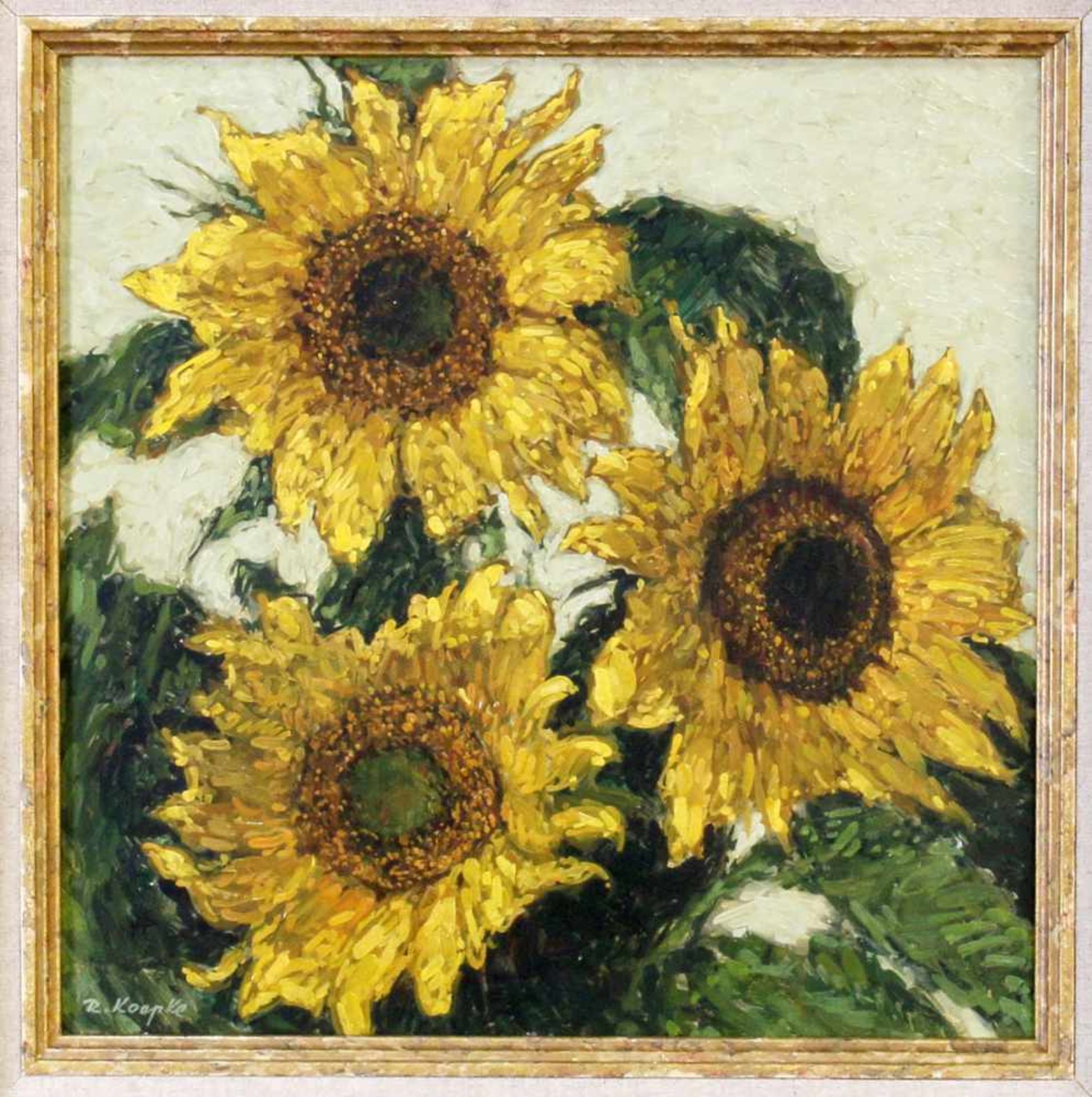 2 Gemälde Blumenstillleben - Robert Koepke (1893-1968) Öl auf Platte, Sonnenblumen und Hortensien, - Bild 3 aus 7