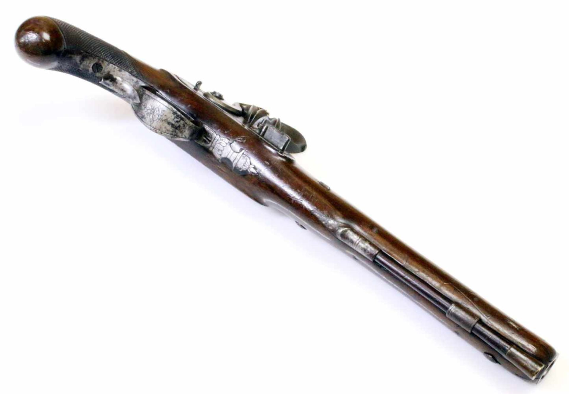 Steinschlosspistole-Scheibenpistole - Wheeler in London um 1800 Glatter, bräunierter Oktogonlauf - Bild 4 aus 9