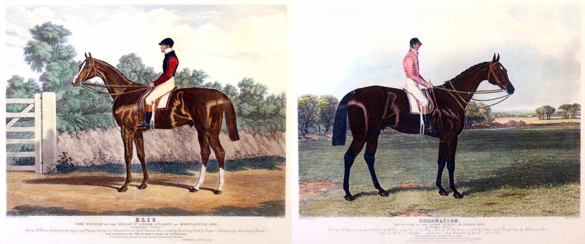 2 Grafiken "Englische Pferde" - Charles Hunt (1803-1877) Titel "Elis" und "Coronation", Namen