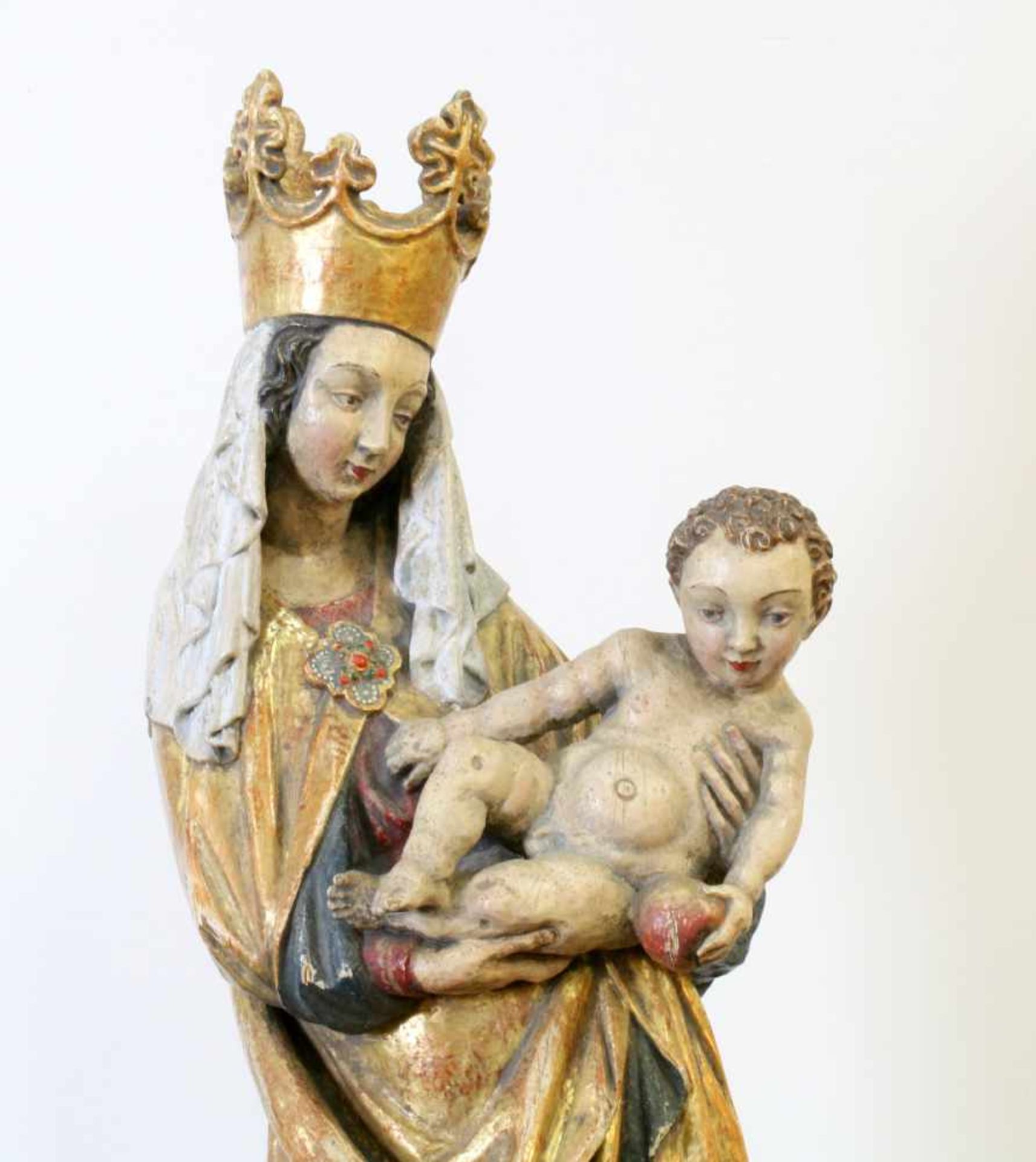 Große Holzfigur - Madonna mit Kind Polychrom- und goldstaffiert. Madonna - Maria, heilige Mutter - Bild 5 aus 5