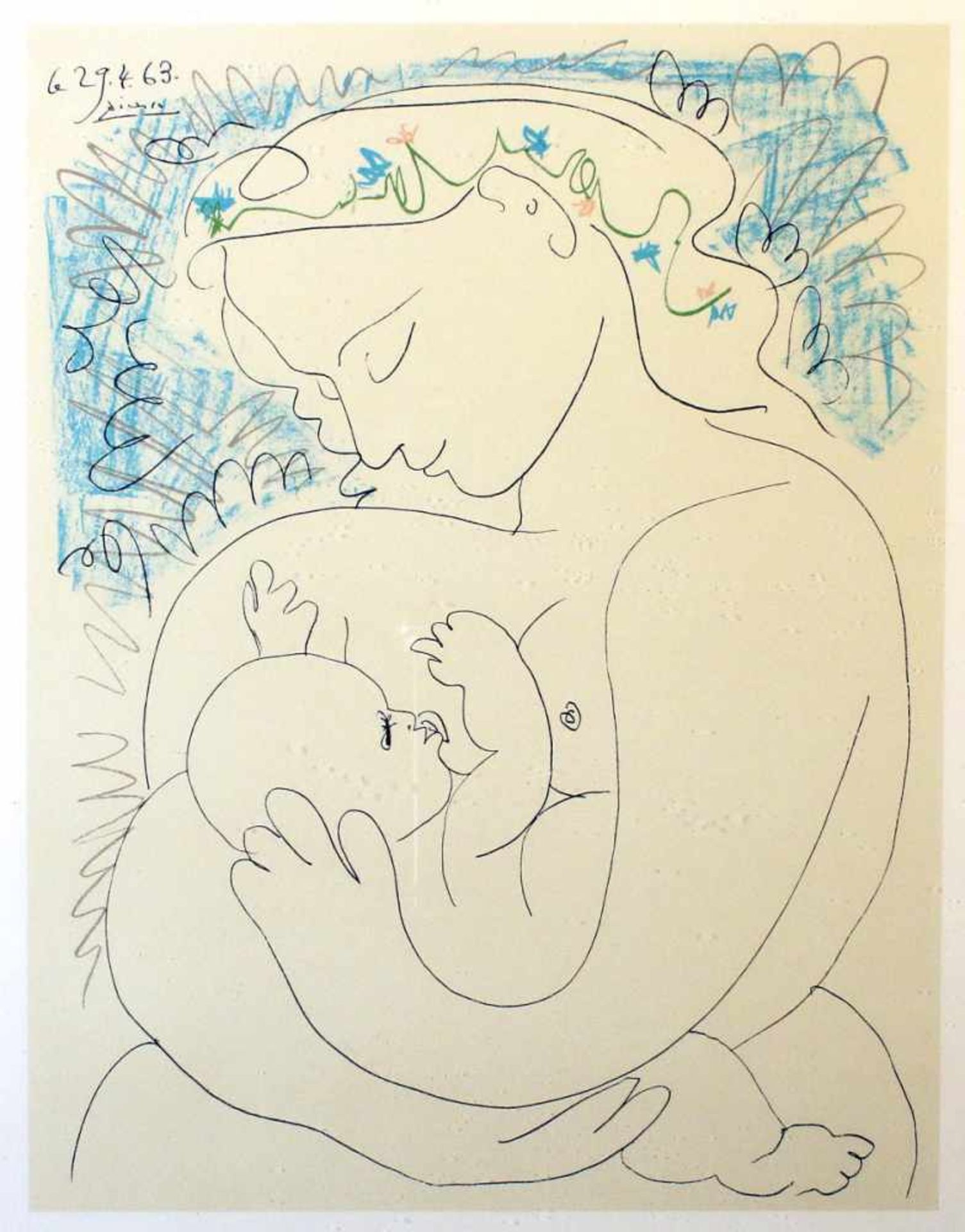 "Mutter mit Kind" - Pablo Picasso (1881-1973) Farblithografie auf Büttenpapier, stillende Mutter,