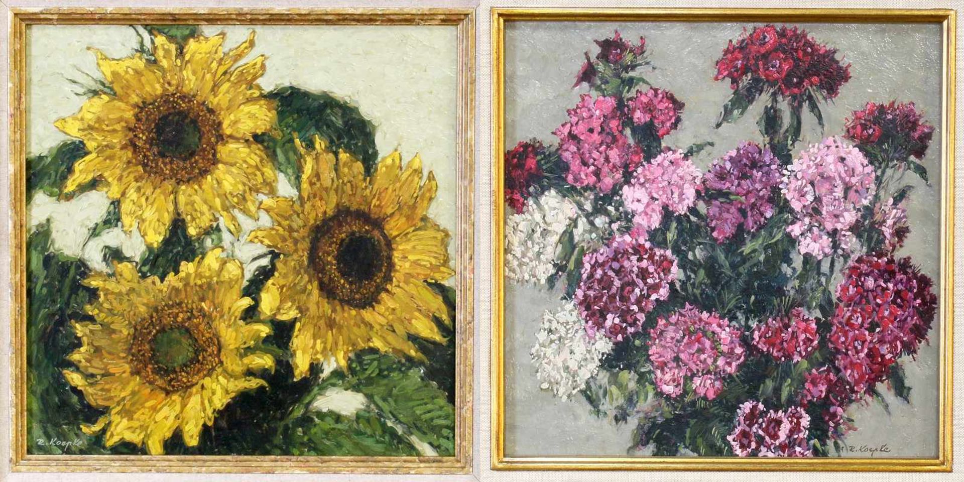 2 Gemälde Blumenstillleben - Robert Koepke (1893-1968) Öl auf Platte, Sonnenblumen und Hortensien,