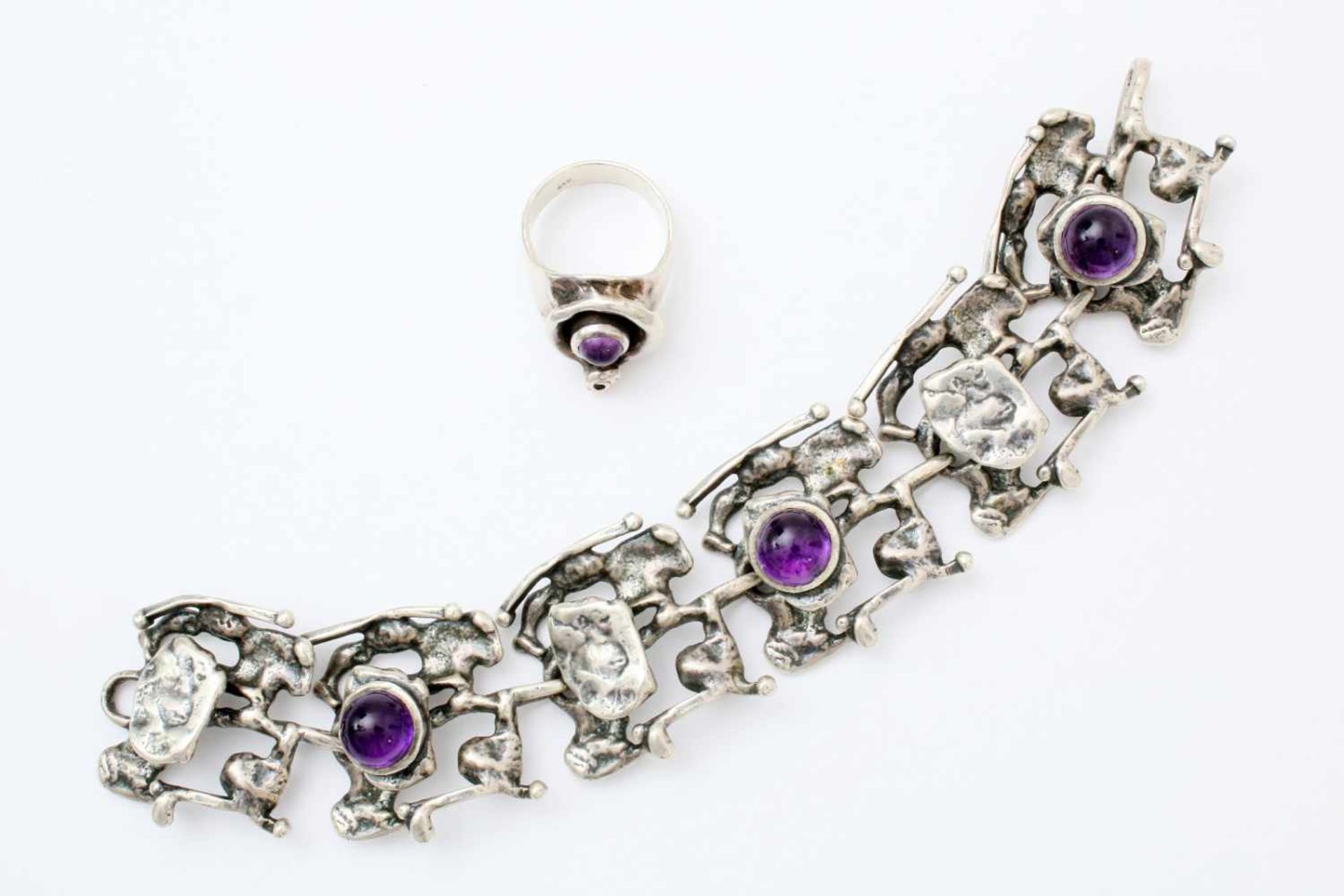 Designer Silberschmuckset mit Amethyst - 2-teilig Armkette bestehend aus 6 Gliedern, 3 davon mit - Bild 3 aus 5