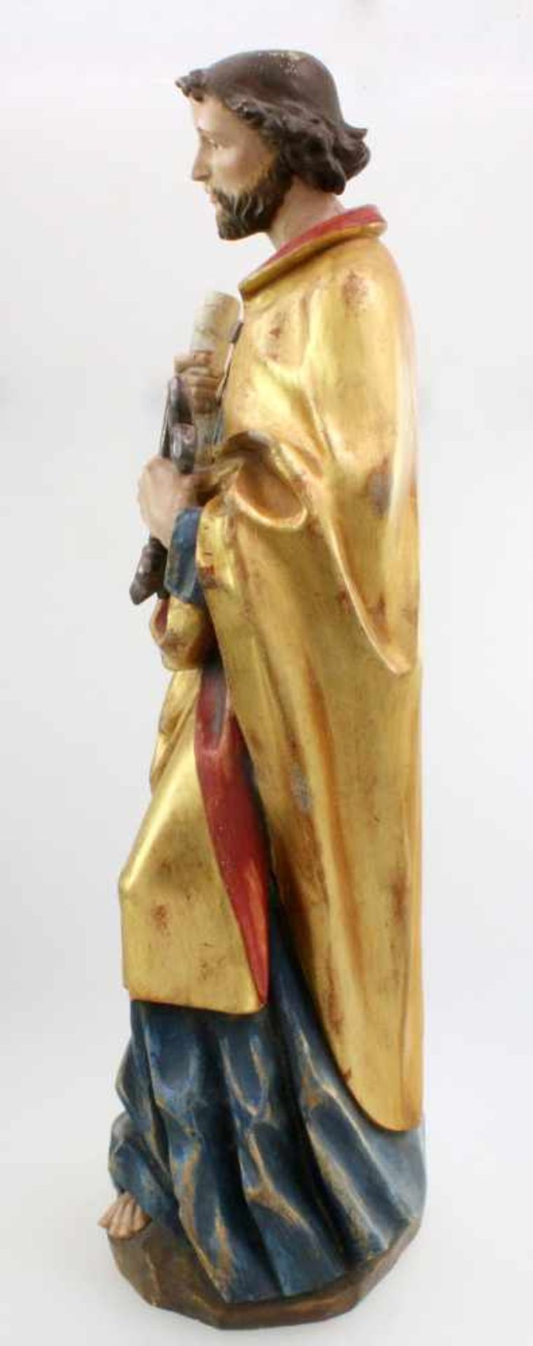 Große Holzfigur - Heiliger Petrus Polychrom- und goldstaffiert, Petrus hält in der linken 2 - Bild 3 aus 6