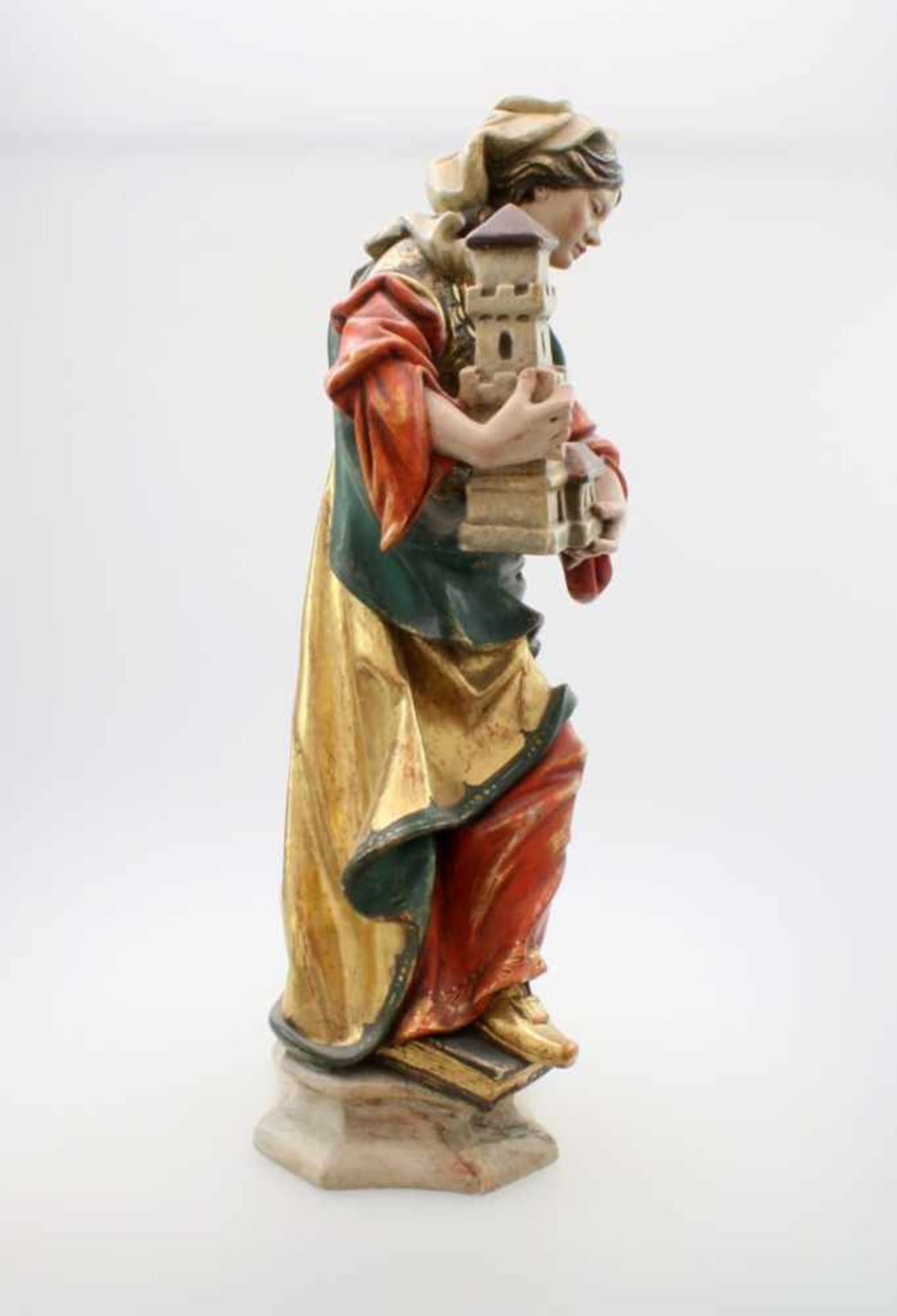 Große Holzfigur - Heilige Barbara von Nikomedien Polychrom- und goldstaffiert. Heilige Barbara mit - Bild 2 aus 4