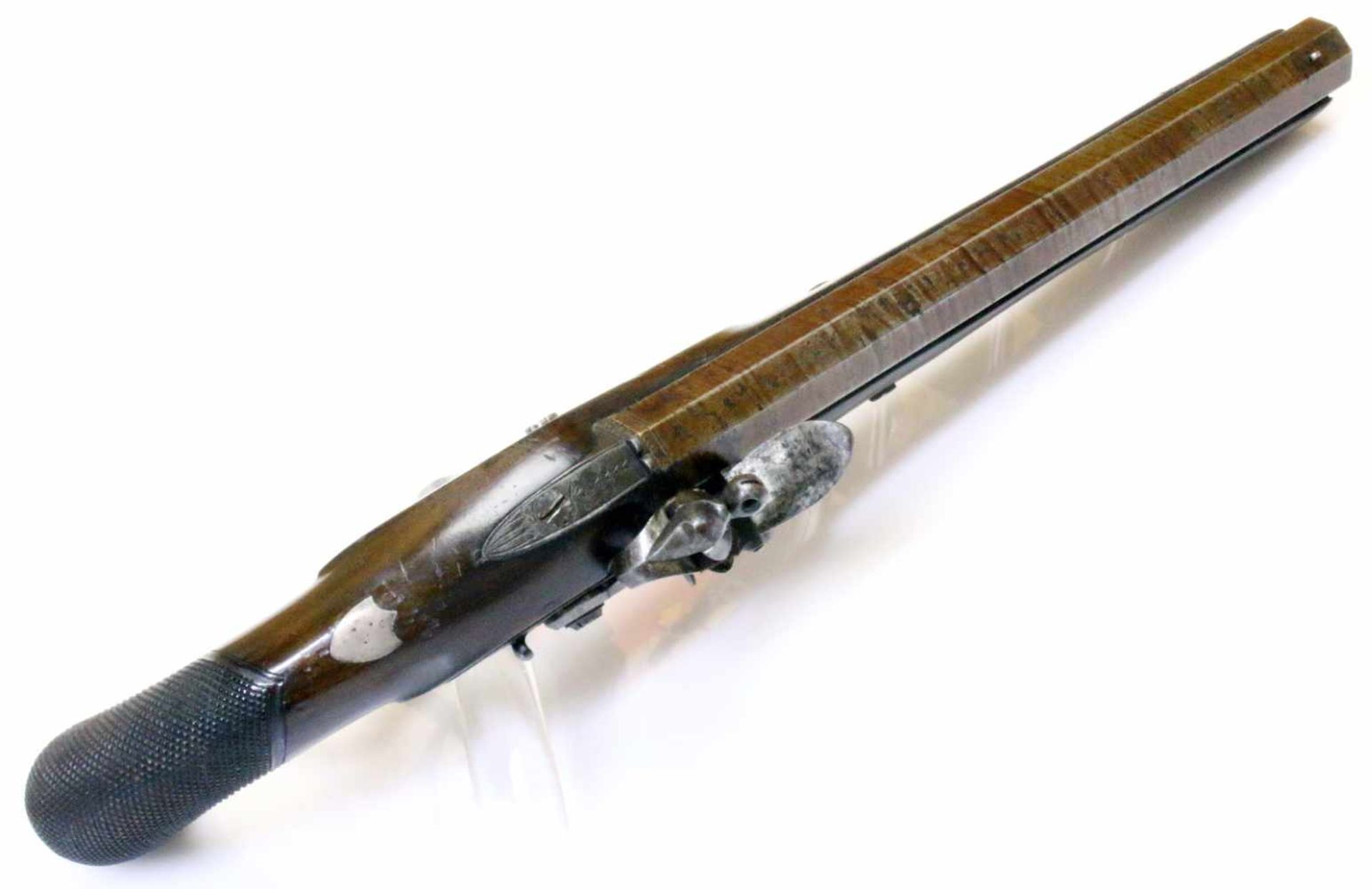 Steinschlosspistole-Scheibenpistole - Wheeler in London um 1800 Glatter, bräunierter Oktogonlauf - Bild 2 aus 9
