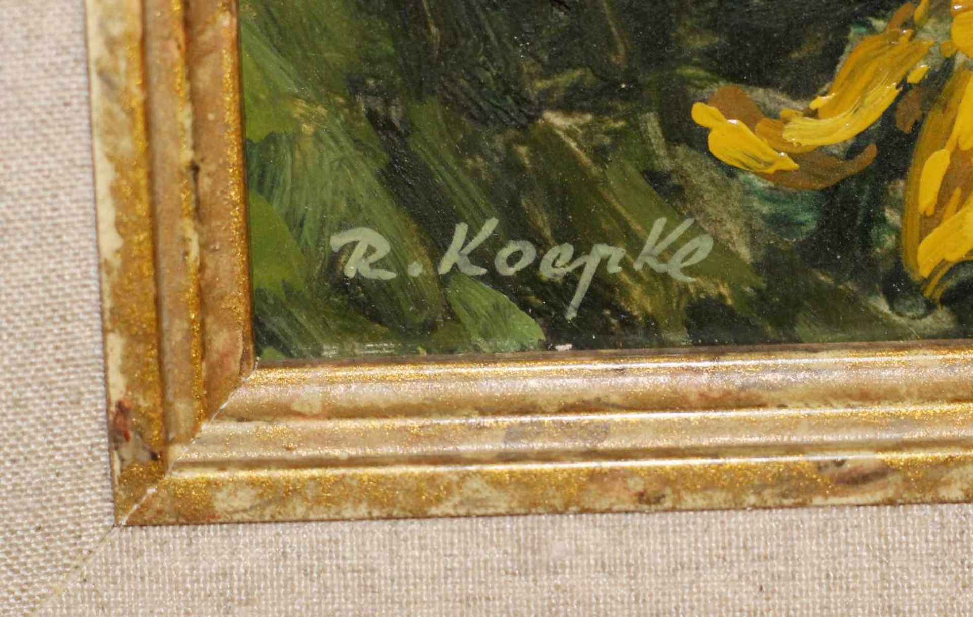 2 Gemälde Blumenstillleben - Robert Koepke (1893-1968) Öl auf Platte, Sonnenblumen und Hortensien, - Bild 6 aus 7
