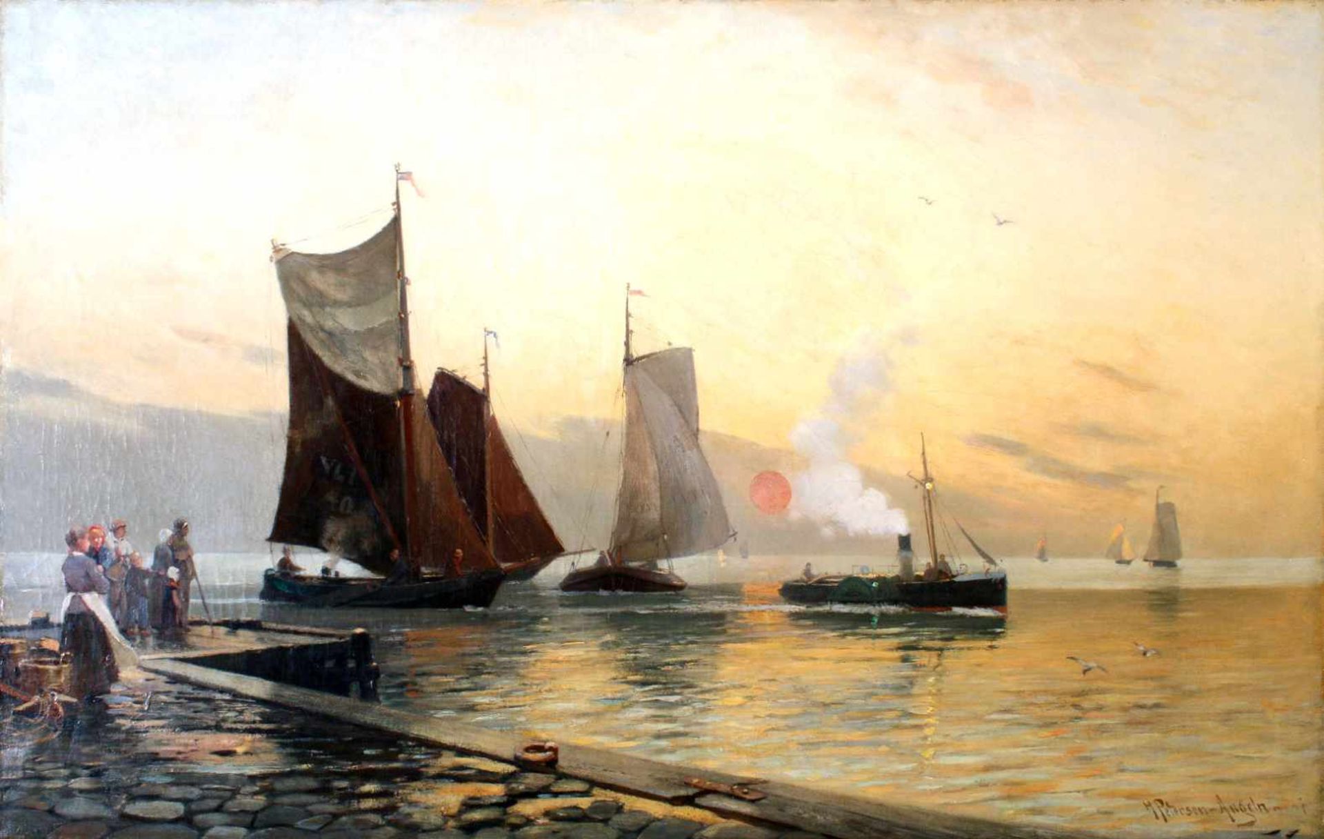 "Boote am Hafen" - Heinrich Petersen-Angeln (1850-1906) Öl auf Leinwand, unten rechts signiert,