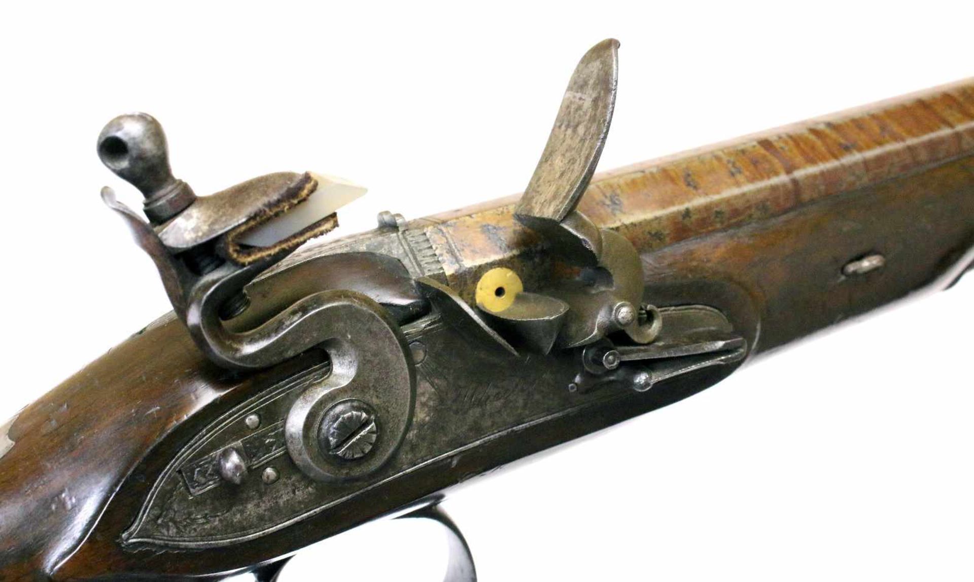 Steinschlosspistole-Scheibenpistole - Wheeler in London um 1800 Glatter, bräunierter Oktogonlauf - Bild 8 aus 9