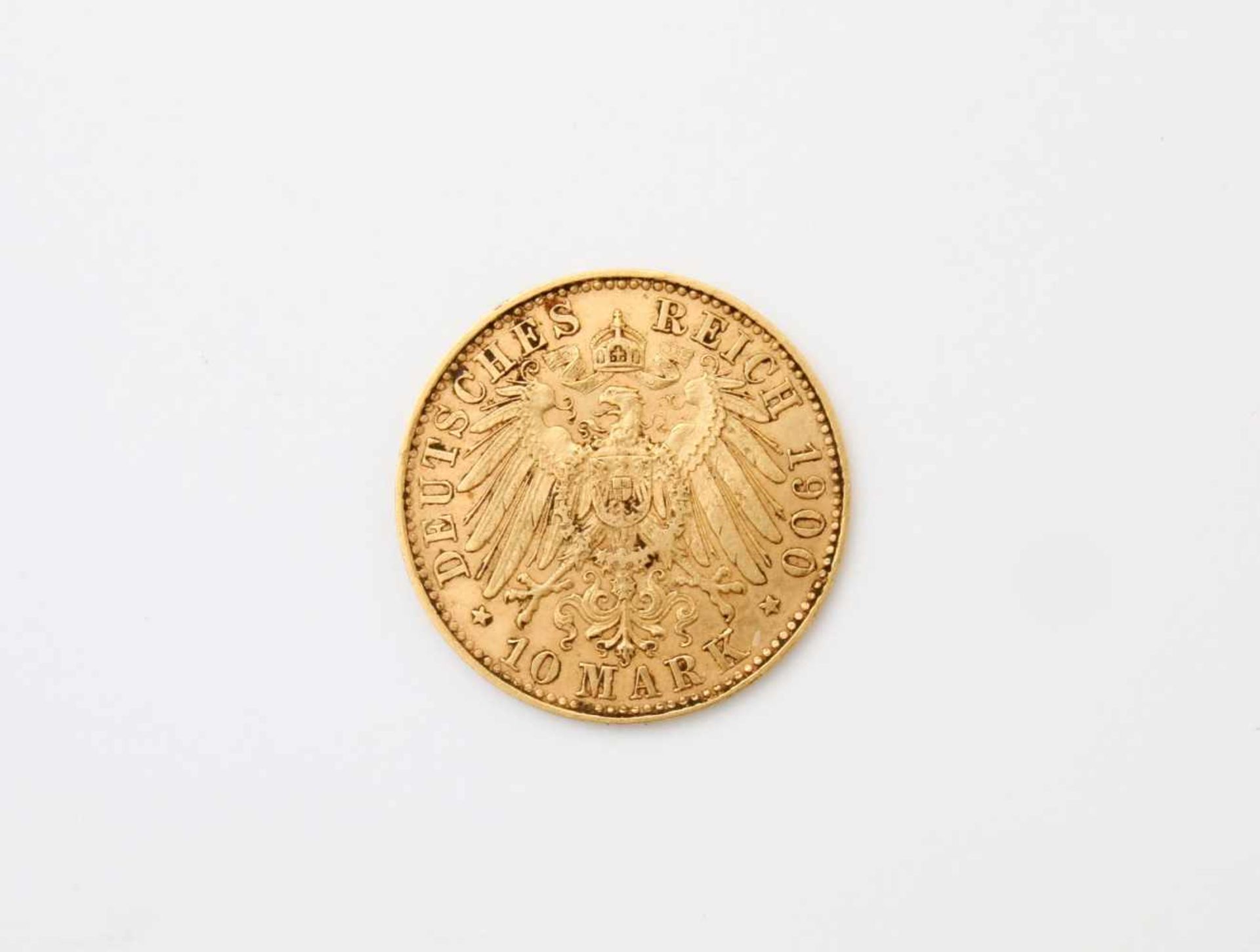 Goldmünze Albert 10 Mark - Sachsen GG 900, Prägestätte "E", 1900, ss. Gewicht: 3,9 g. - Bild 2 aus 2