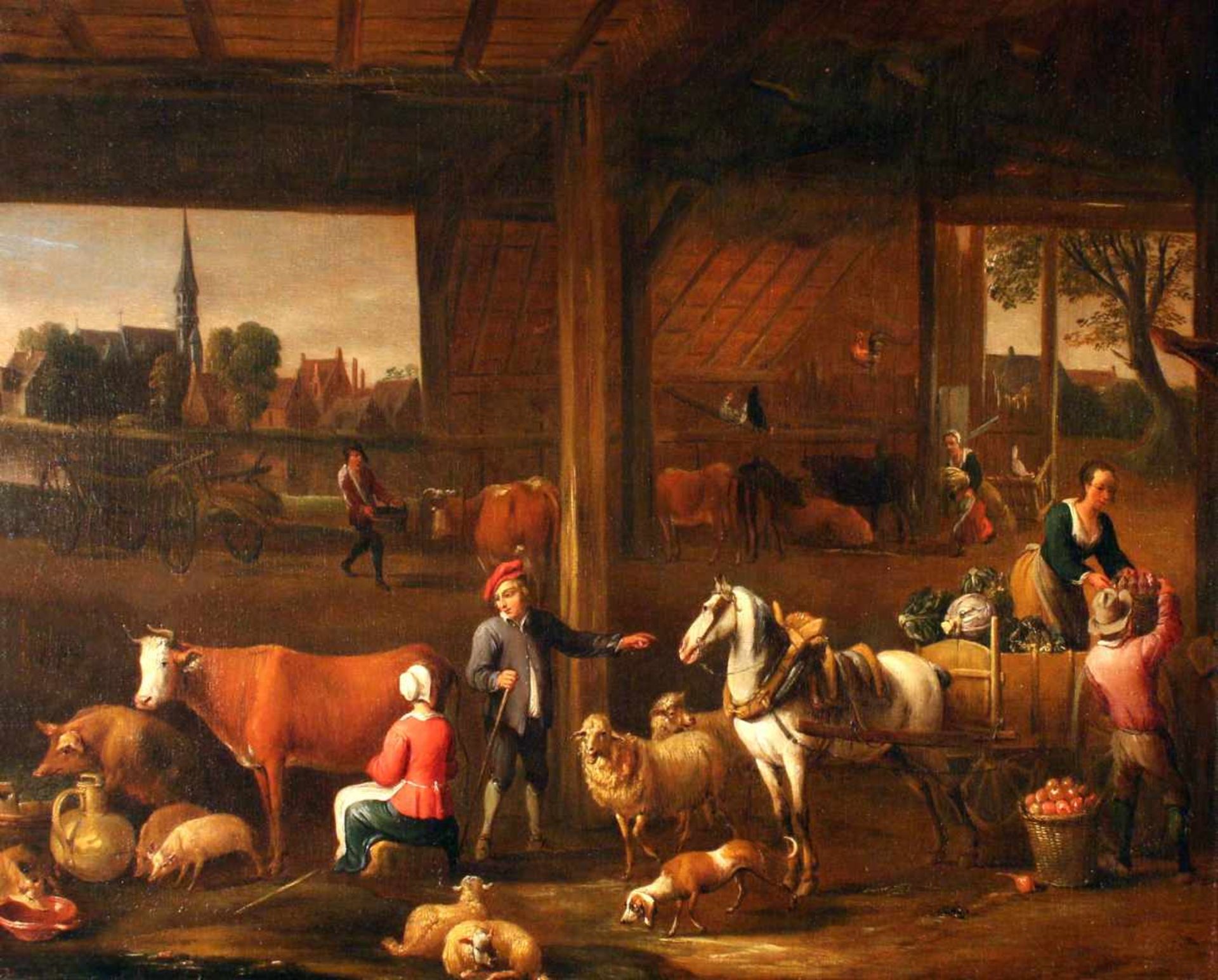 "Tiere in der Scheune" - Peter Angillis (1685 - 1734) Öl auf Leinwand, unsigniert - zugeschrieben,