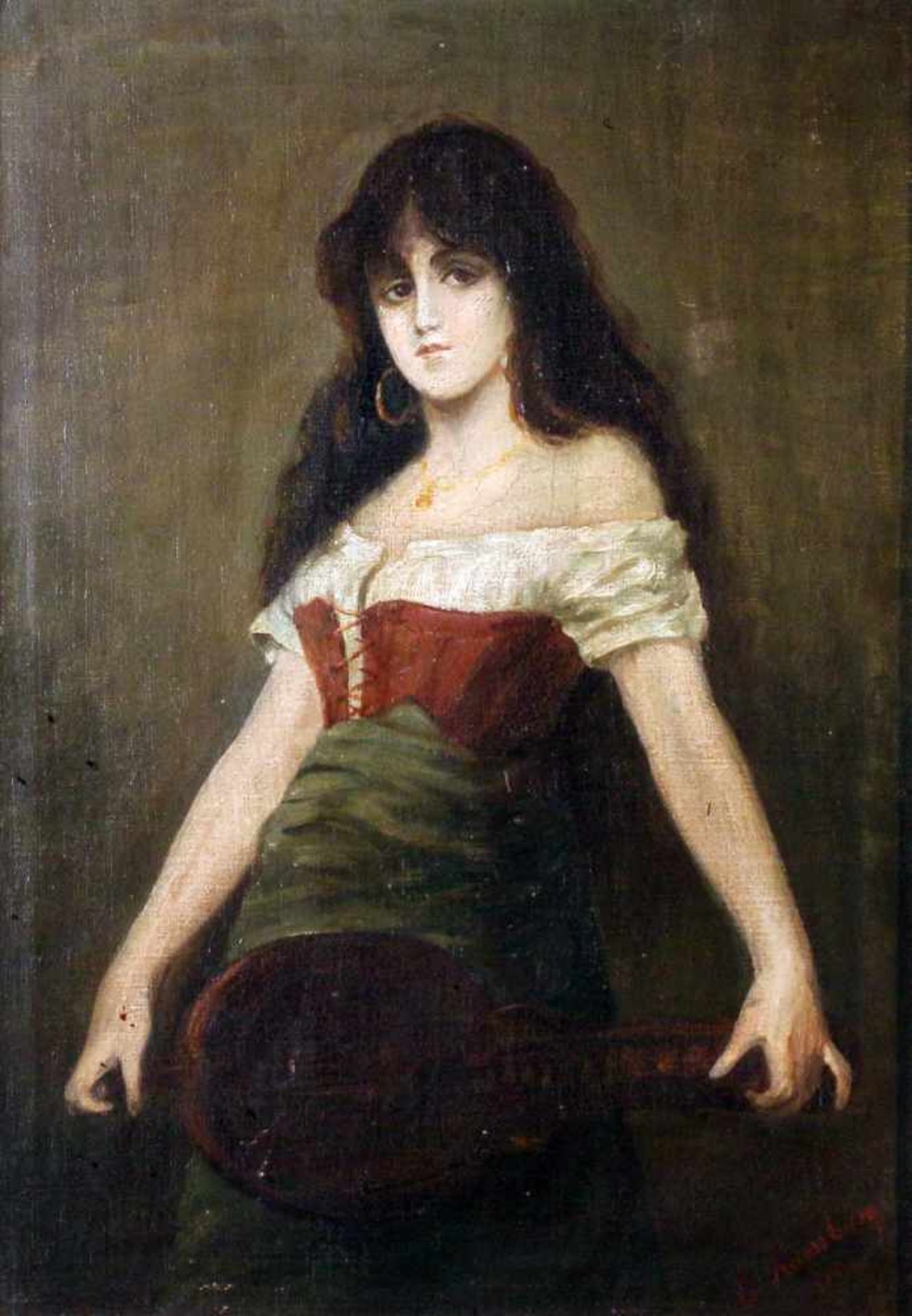 "Zigeunerin mit Laute" - Edmund Hamburger (1846-1906) Öl auf Leinwand, Mädchen mit wallendem,