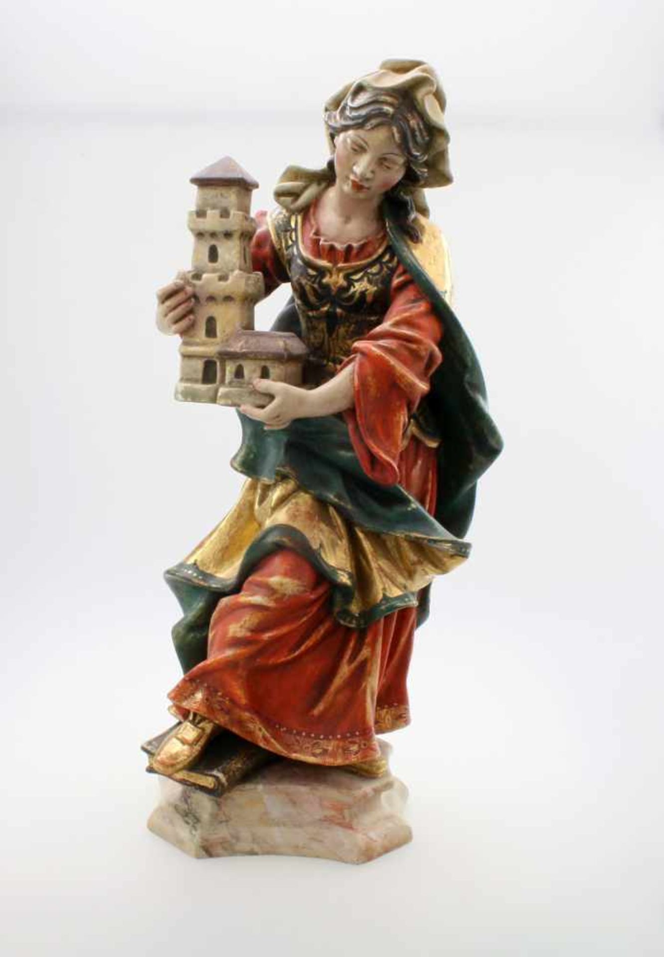 Große Holzfigur - Heilige Barbara von Nikomedien Polychrom- und goldstaffiert. Heilige Barbara mit