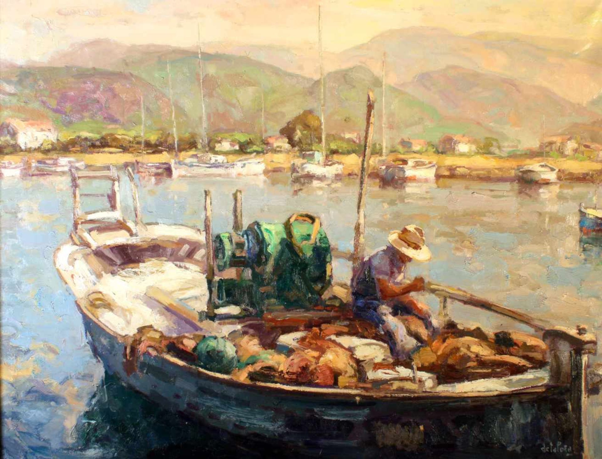 "Fischerboot im Hafen" - Antonio de la Pena (*1938) Öl auf Leinwand, unten rechts signiert,