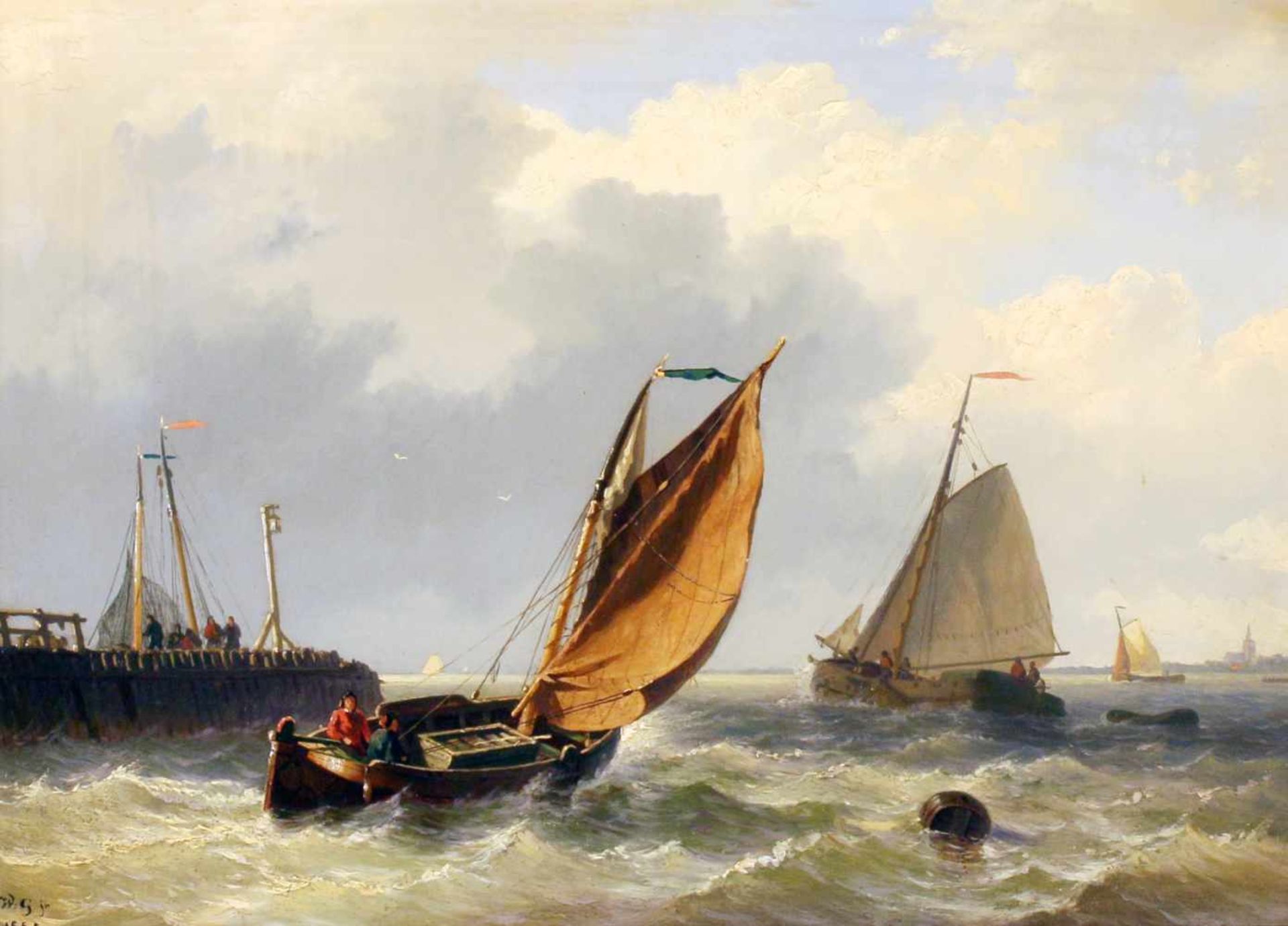 "Stürmische Hafenausfahrt" - Willem Gruyter jr. (1817-1880) Öl auf Holz, mehrere Fischkutter bei der
