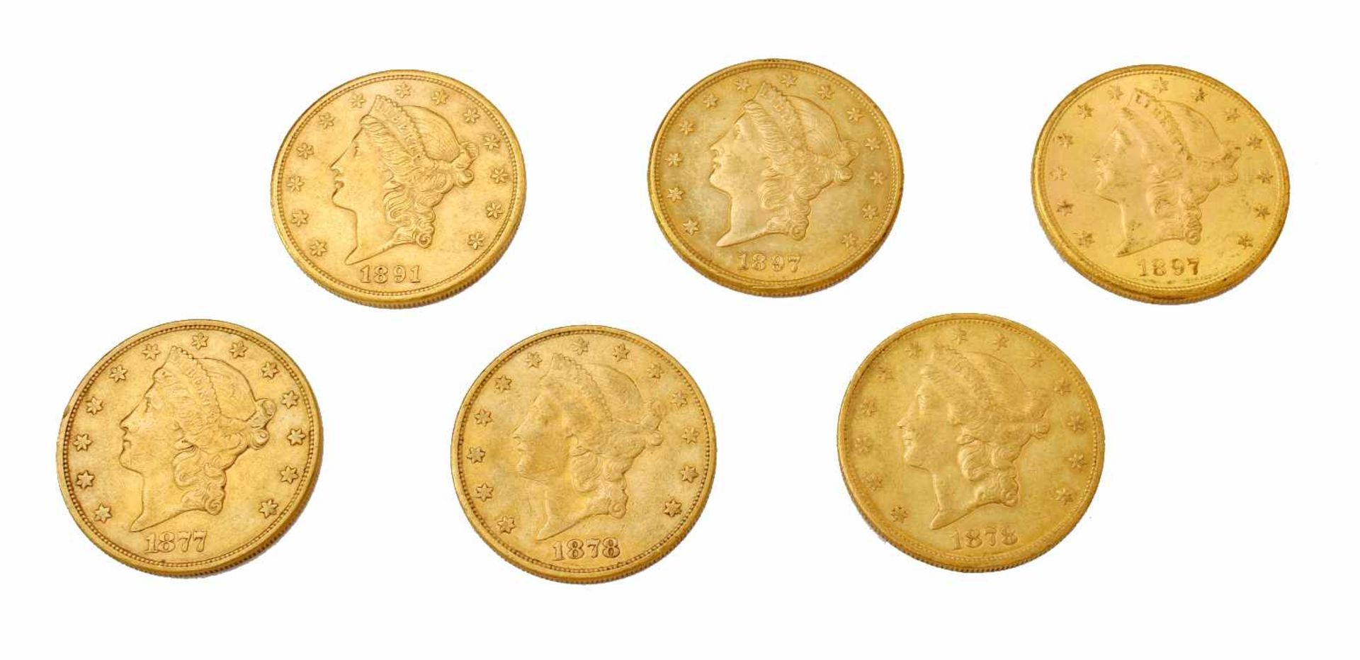 6 Goldmünzen 20$ - USA Liberty HeadAlle vorzüglich, 1877, 2x 1878, 1891 und 2x 1897, 900er Gold,