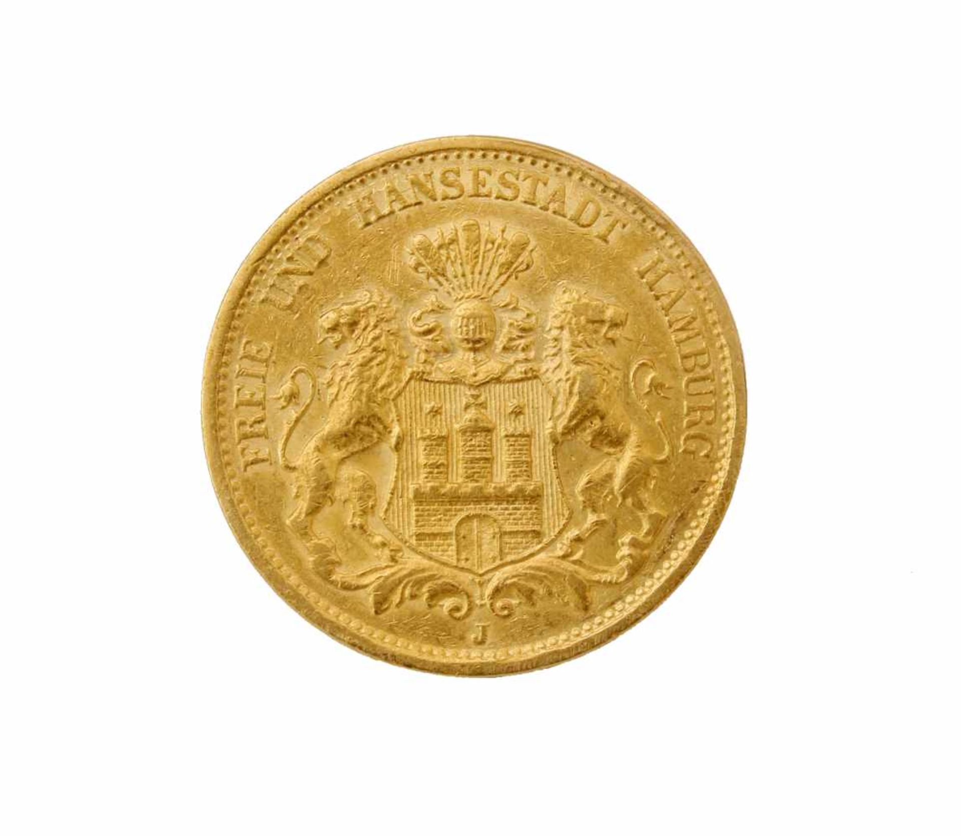 Goldmünze 20 Mark - Hamburg 1877Vorzüglich erhalten, 900er, 7,9 g., J, mit Münzpass.