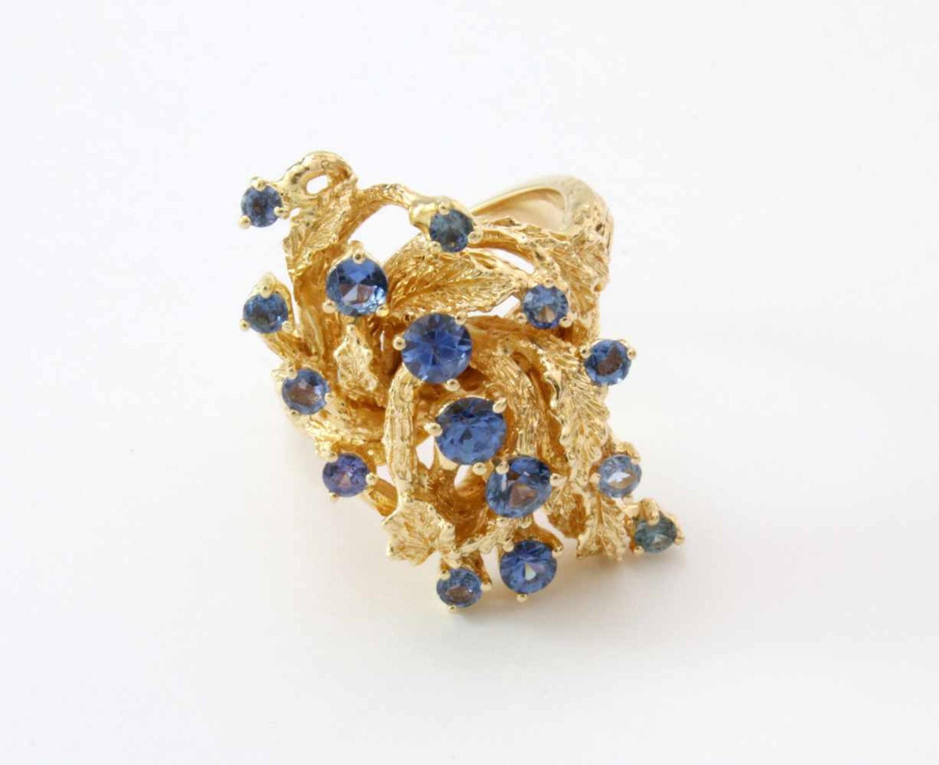 Gelbgoldring mit blauen TopasenGG 585, Ring als Busch ausgeführt, die Blüten besetzt mit 15 - Bild 2 aus 4