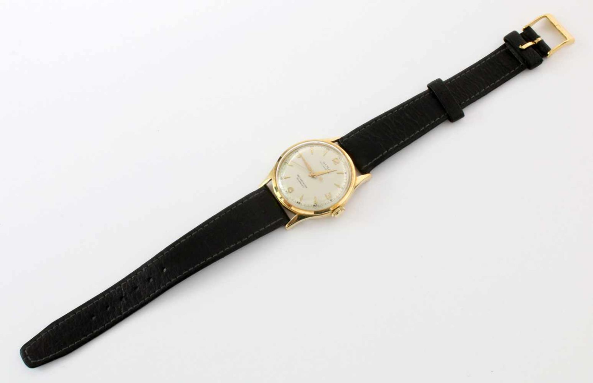 Goldene Armbanduhr Olma - 50/60 JahreAutomatikwerk, Gehäuse GG 585, Ø 32 mm, Plexiglas (ohne