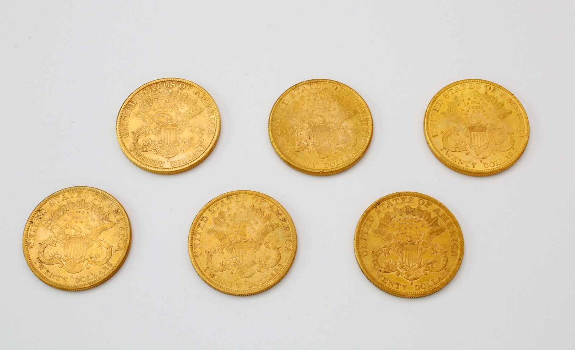 6 Goldmünzen 20$ - USA Liberty HeadAlle vorzüglich, 1877, 2x 1878, 1891 und 2x 1897, 900er Gold, - Bild 2 aus 2