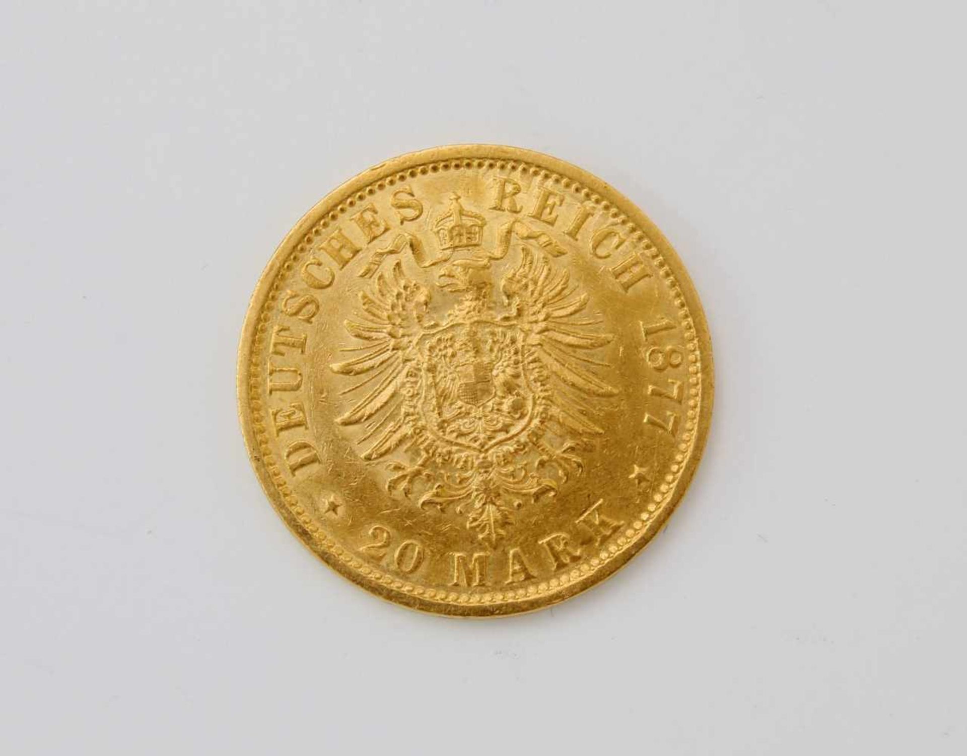 Goldmünze 20 Mark - Hamburg 1877Vorzüglich erhalten, 900er, 7,9 g., J, mit Münzpass. - Bild 2 aus 2