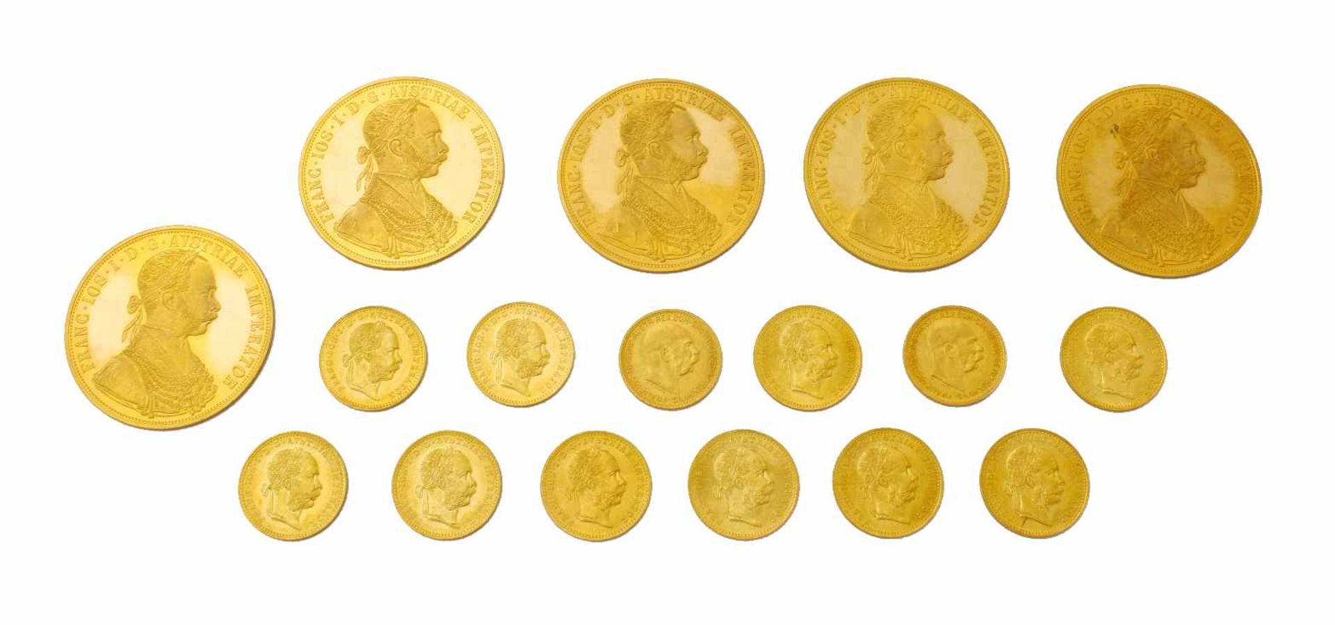 17 Goldmünzen - Österreich / Ungarn - 4 Dukaten und 1 Dukaten5 Goldmünzen 4 Dukaten, 900er, je 13,96