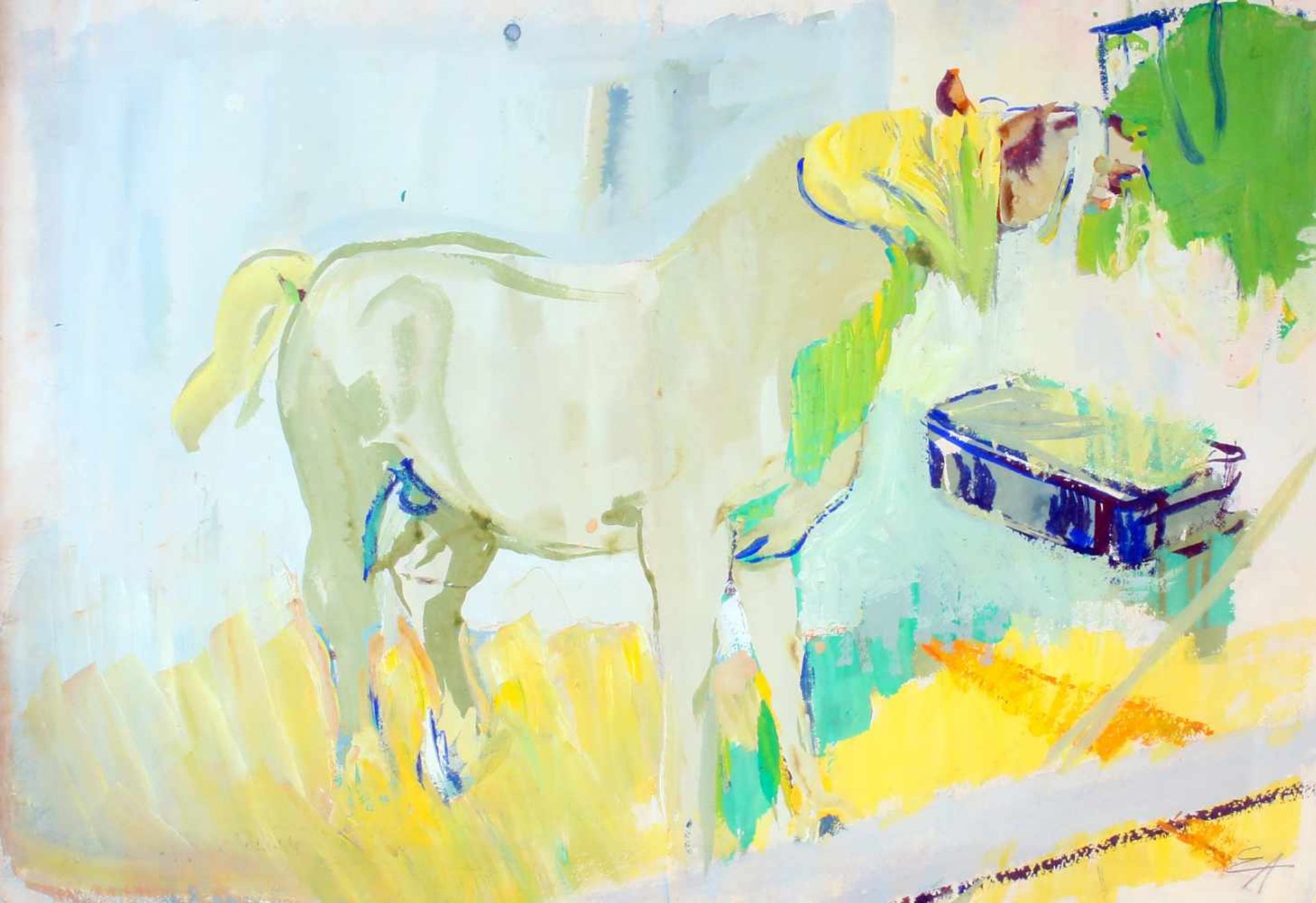 "Pferd an der Heutraufe" - Eduard Aigner (1903-1978)Aquarell auf dickem Aquarellpapier, unten rechts