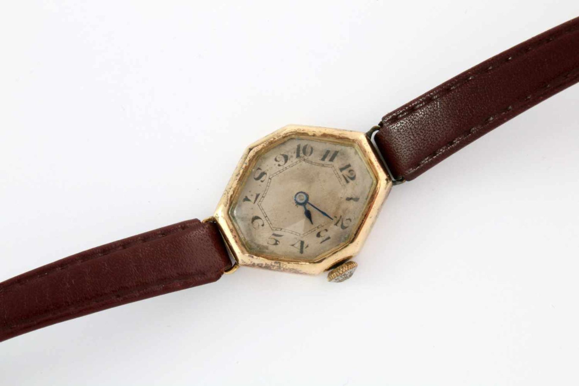 Goldene Armbanduhr Art Deco um 1920/30Feines Handaufzugwerk mit thermostabiler Unruh und - Bild 2 aus 2