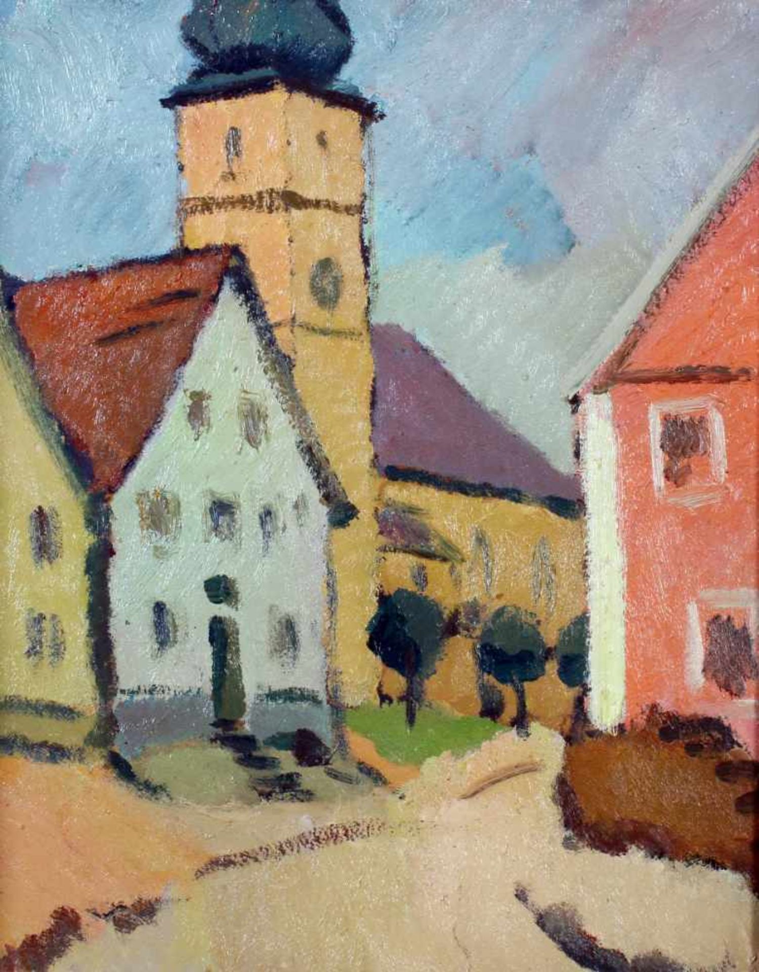 "Kirchplatz und Kirche mit Zwiebelturm in Pottenstein" - Hans Zank (1889-1967)Öl auf Karton,
