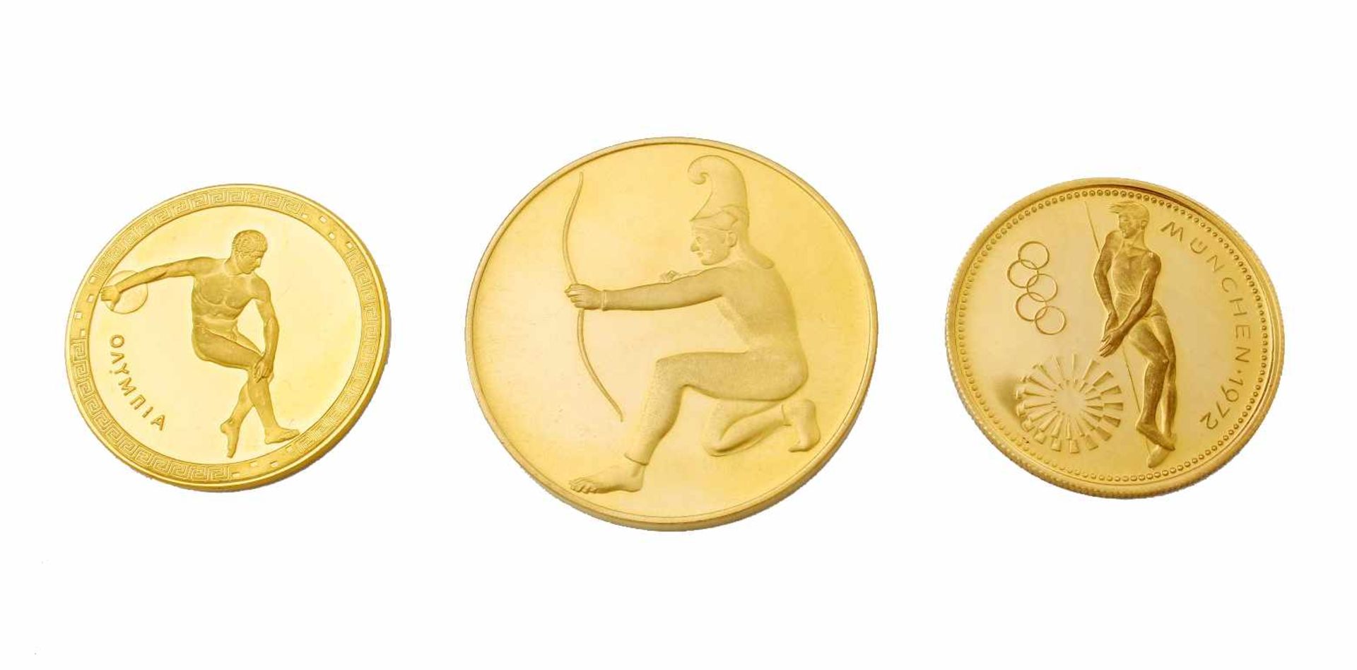 3 goldene Münzen/Medaillen zur Olympiade 1972 München1.) Aufschrift "Olympische Spiele 1972