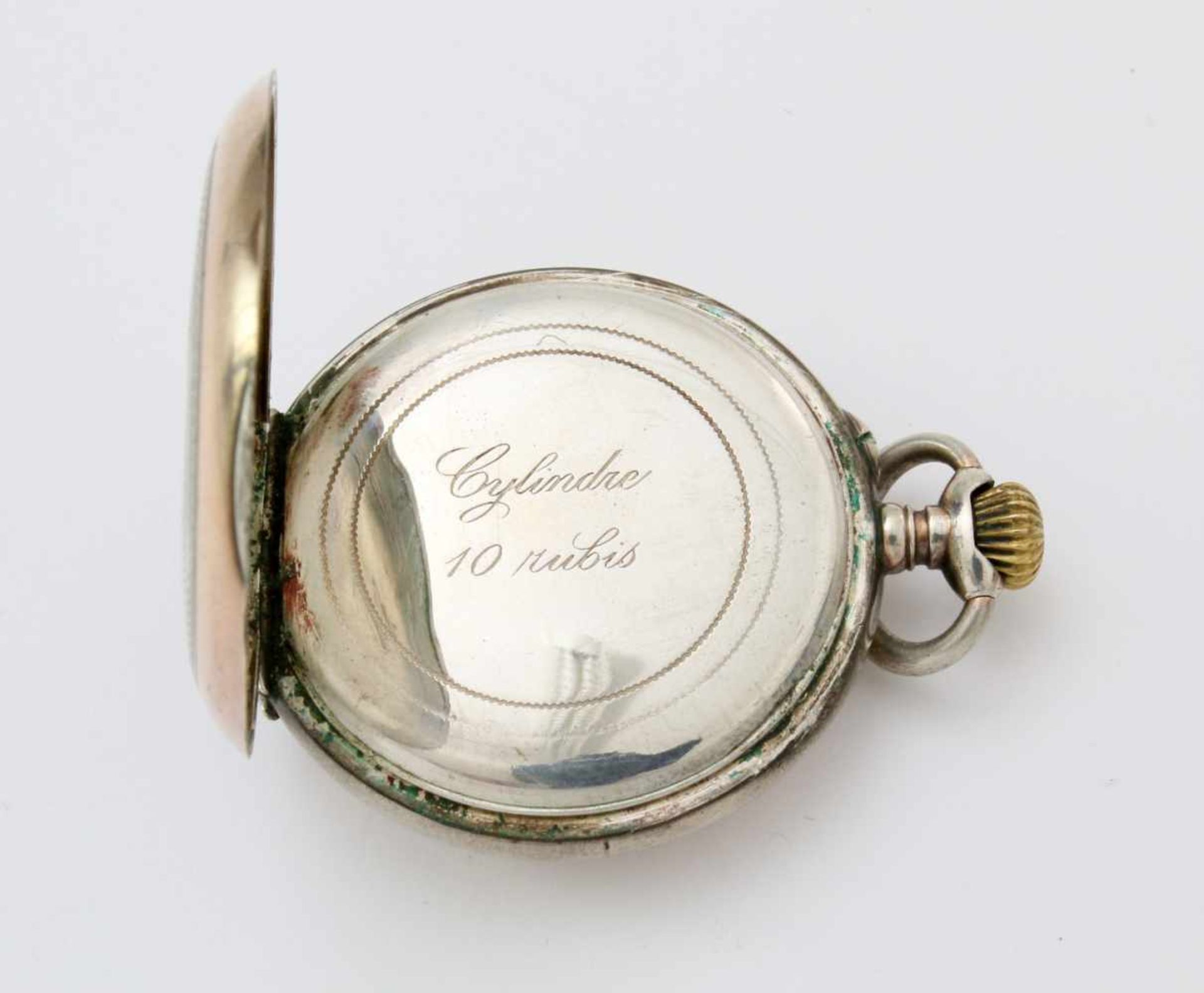 Damentaschen-UhrSilber, auch Cuvette; 10-steiniges, schweizer Zylinderwerk, Emaillblatt mit - Bild 5 aus 8
