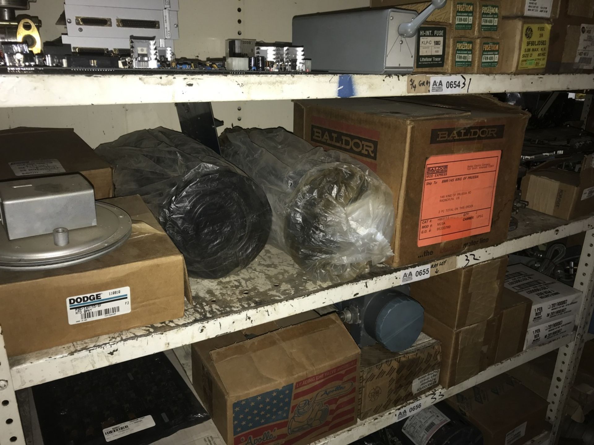 Contents of Shelf including motors, valves,sprockets, displays