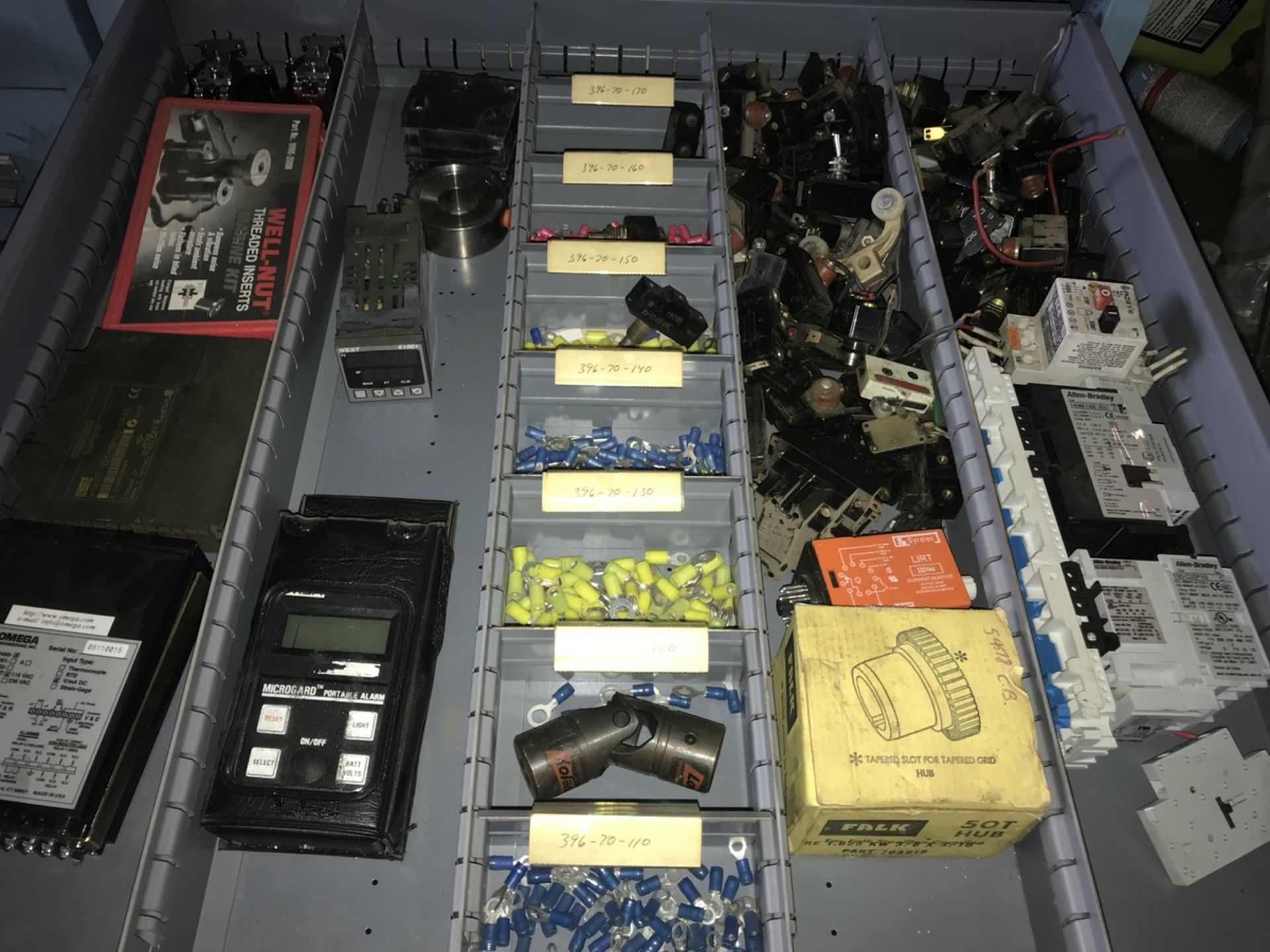 Contents of Drawer including input modules, switches, helicoils, Allen bradley starters, O2 meter