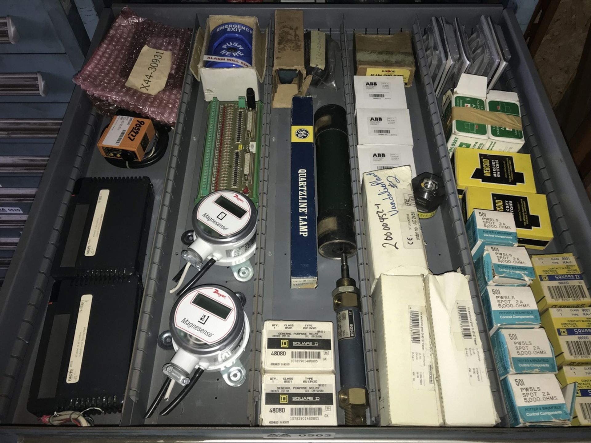Contents of Drawer including Asco valves, ABB switches, Dwyer sensors, output modules, etc.