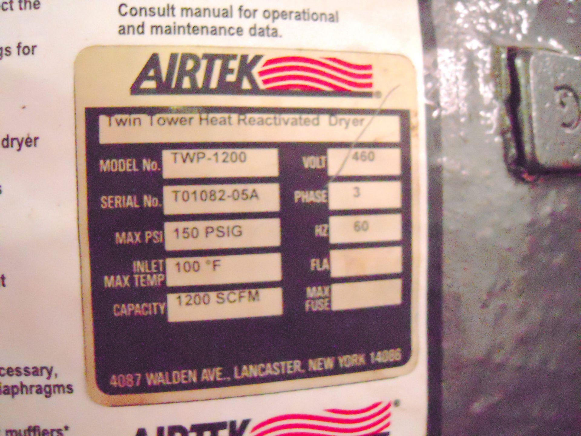 Airtek Mdl. TWP1200 Reactivated Desiccant Dryer, Externally Heated, Capacity 1250 SCFM 35.4 nm3/min, - Image 10 of 10