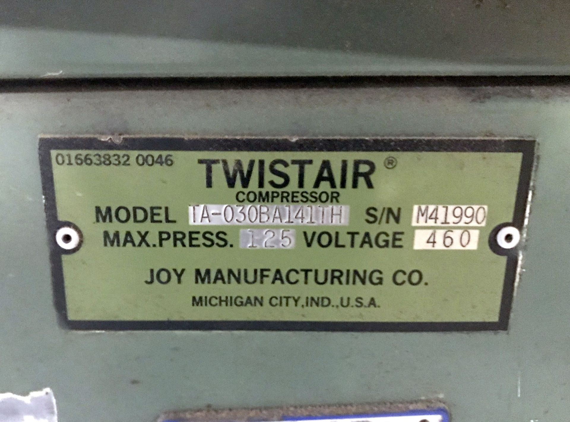 Joy Twistair Mdl. TA-030BA141TH Air Compressor, 30Hp, Maximum Pressure 125 PSI, Mounted on a - Image 6 of 8