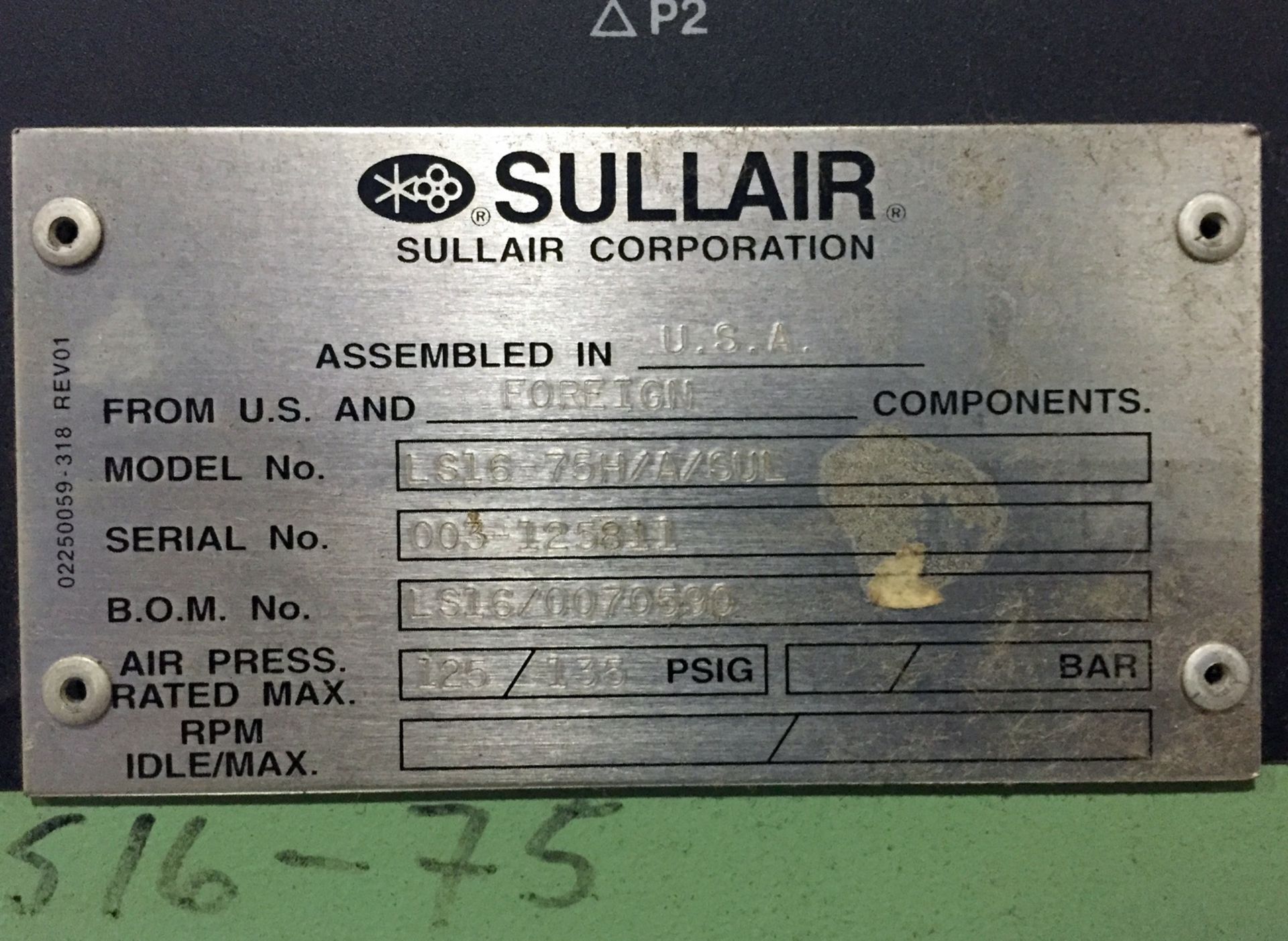 Sullair Mdl. LS-16-17H/A/SUL Rotary Screw Compressor, Capacity 326 ACFM, Full Load Pressure 125 - Image 7 of 8