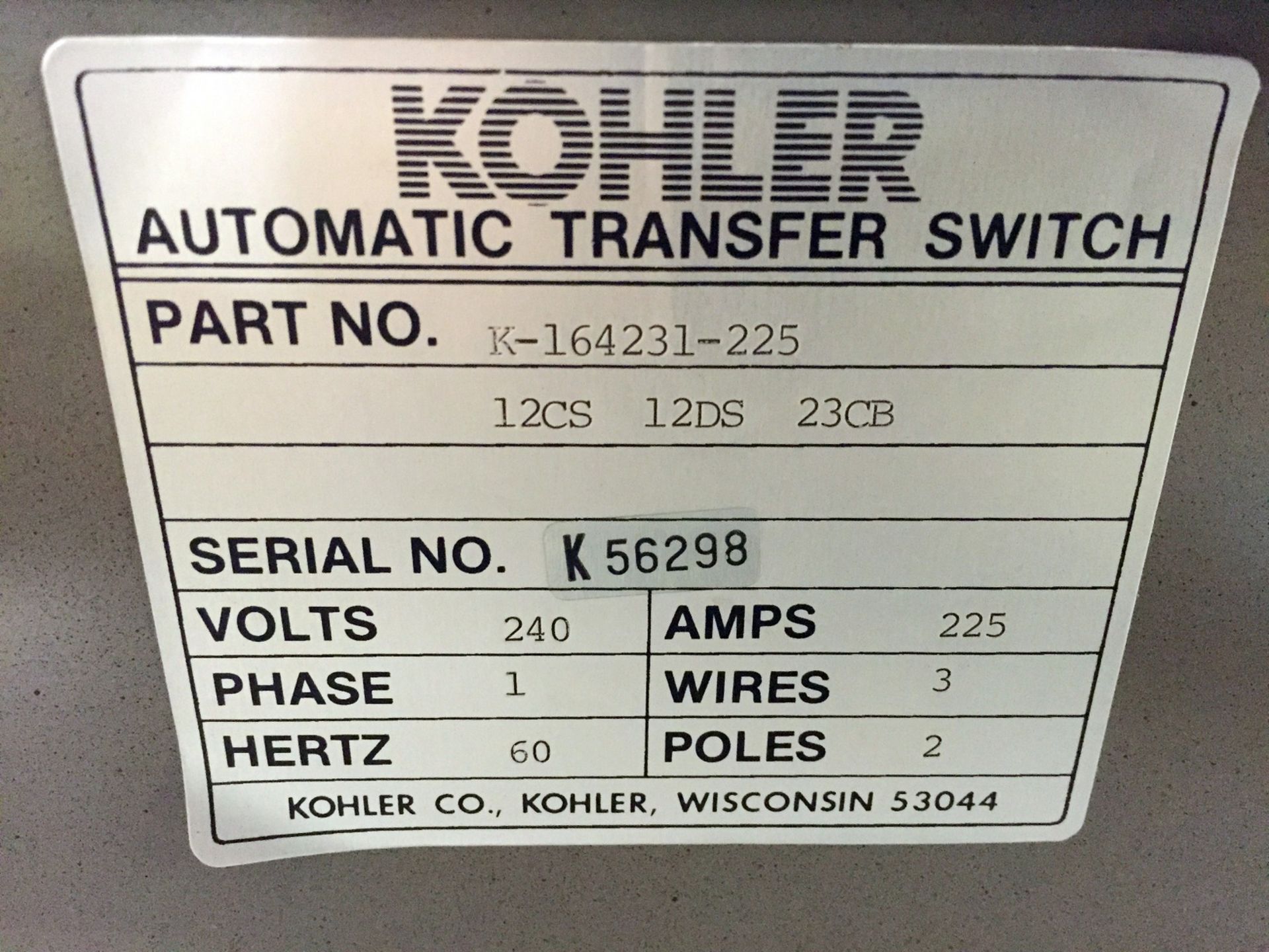 Kohler Mdl. K-164231-225 Automatic Transfer Switch, 225Amp, 240V, Single Phase (This Lot is - Image 7 of 7