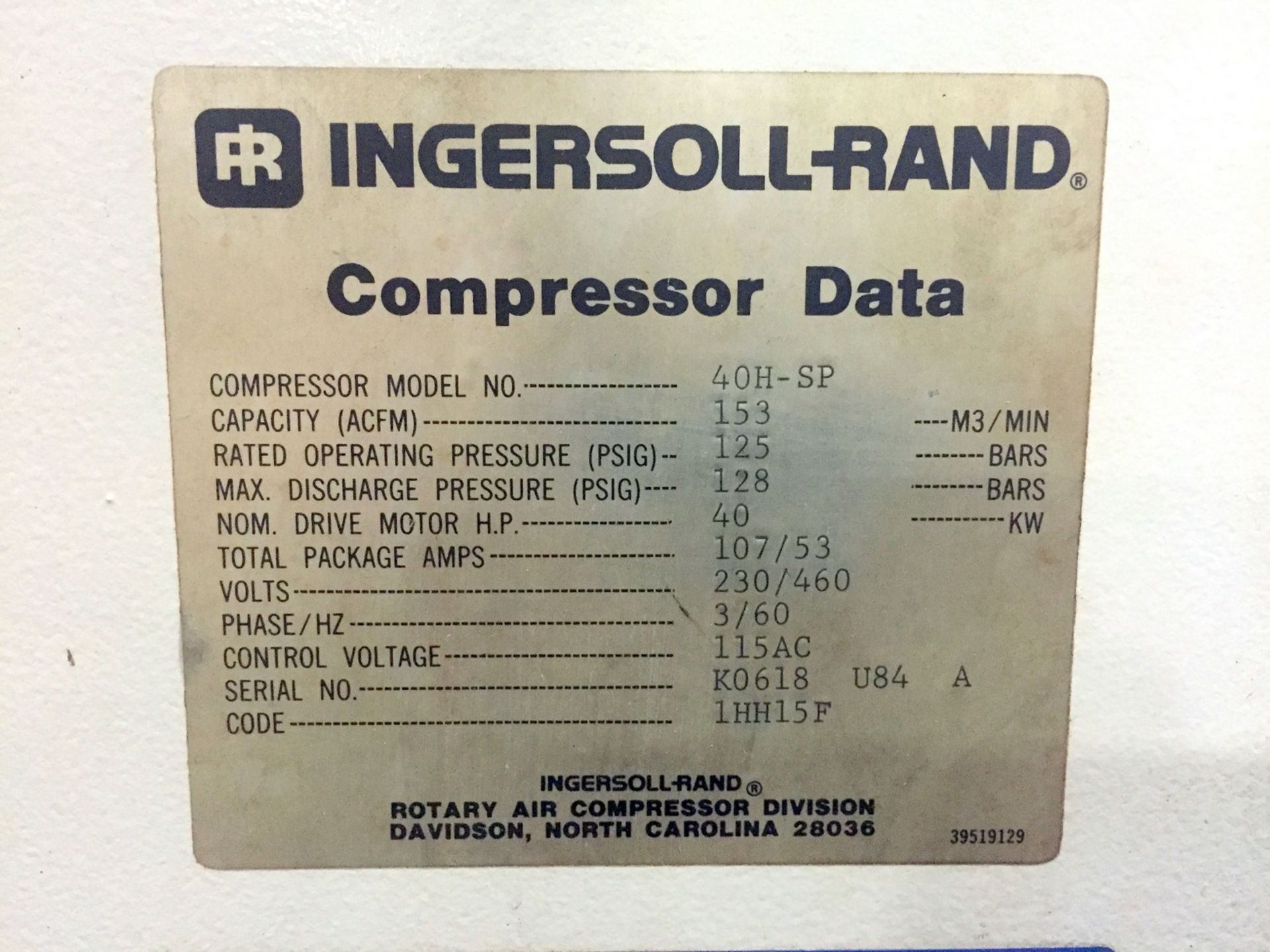 Ingersoll Rand Mdl. 40H-SP Rotary Screw Compressor, Capacity 153 ACFM, Maximum Discharge Pressure - Image 7 of 8