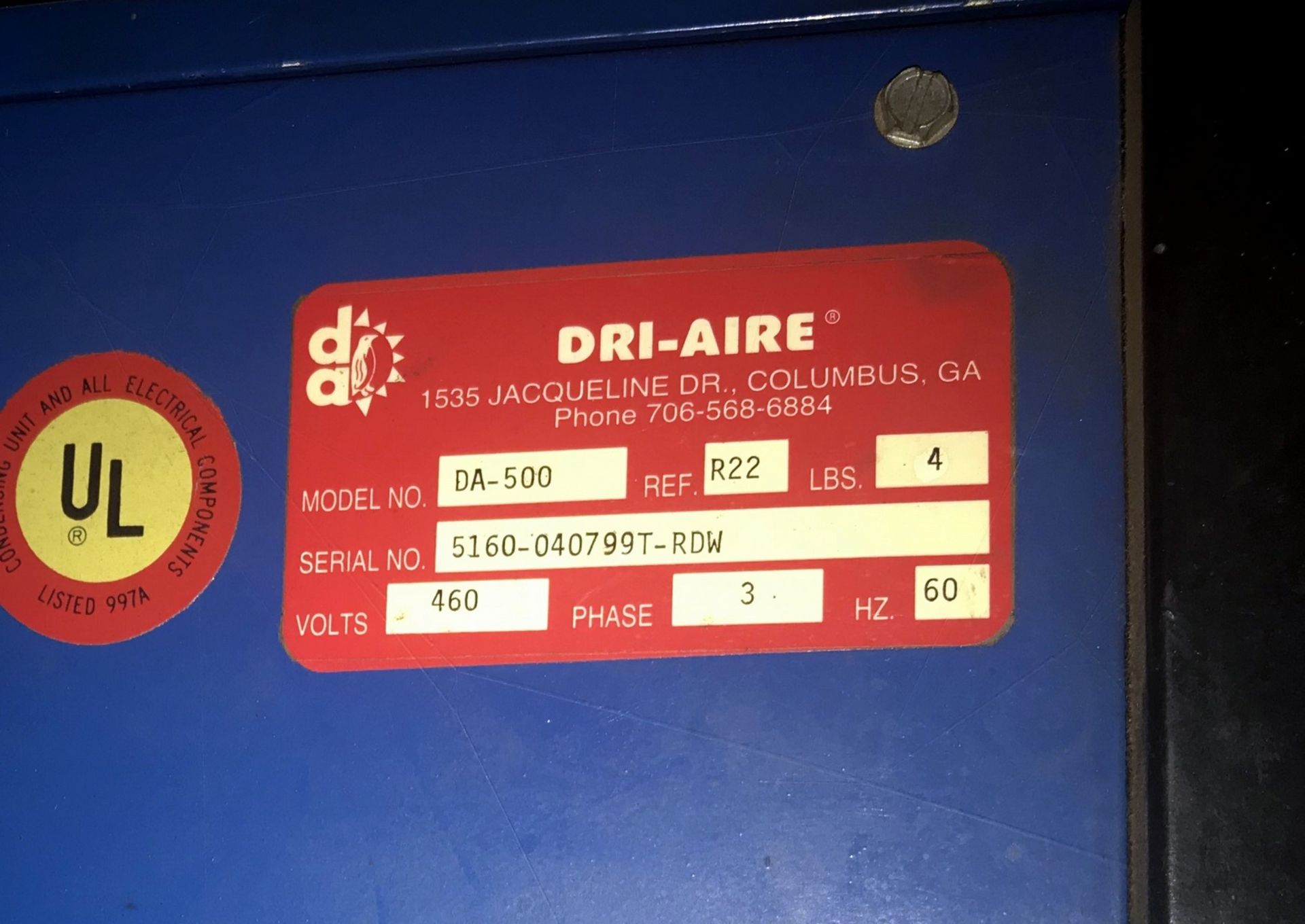 Dri-Aire Mdl. DA-500 Air Dryer, R-22 Refrigerant, 460 V, 3-Phase, 60 Hz, Approximate Footprint: 39- - Image 3 of 3