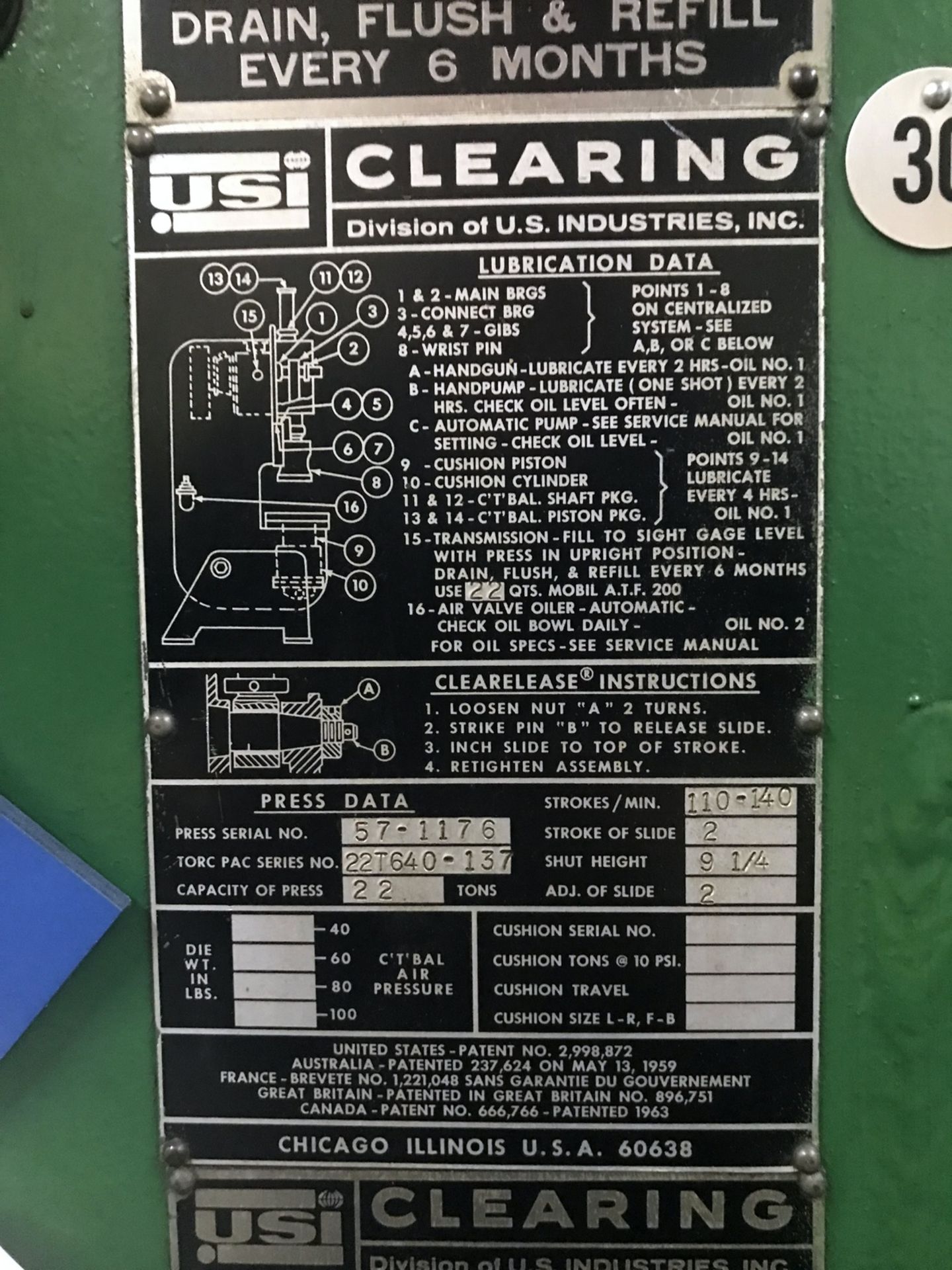 USI Clearing 22-Ton Capacity Press, 110 to 140 Strokes per Minute, 2" Stroke of Slide, 9-1/4" Shut - Image 8 of 8