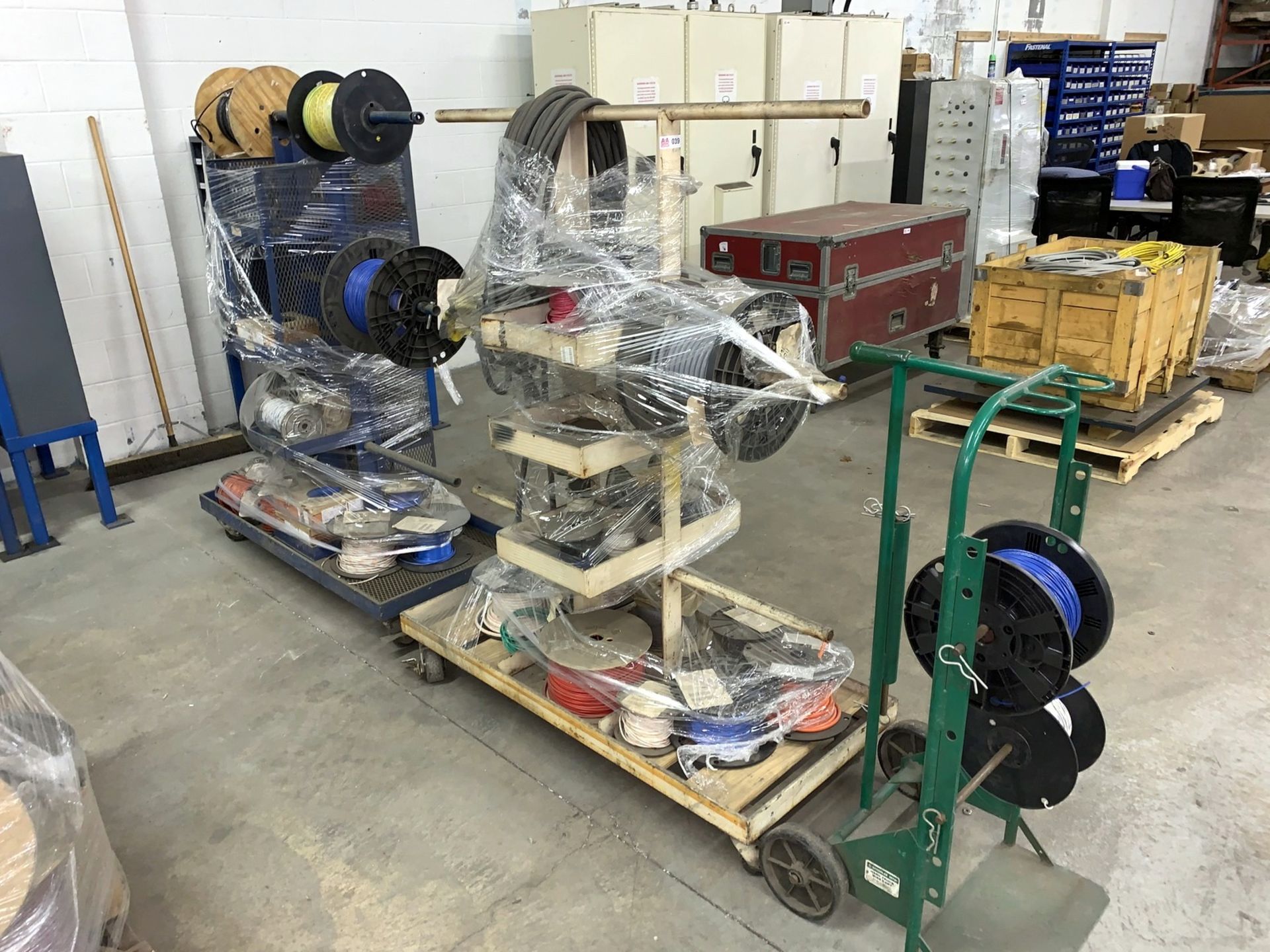 Lot with (3) Wire / Cable Spool Carts with Contents (All Items MUST be Removed by Thursday, December