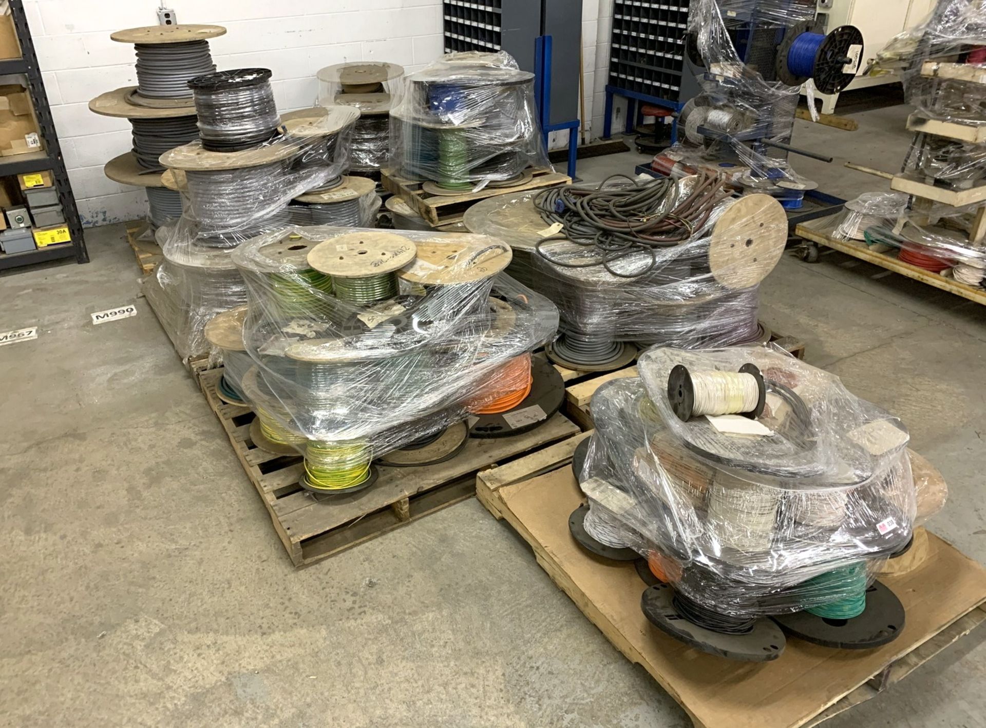 Lot with (7) Pallets including Various Spools of Wire and Cable (All Items MUST be Removed by