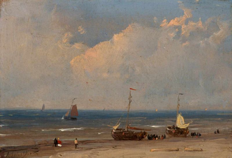 Andreas Schelfhout (The Hague 1787 - 1870)Bomschuiten on the beachSigned lower leftOil on panel, 7.7