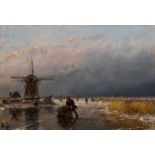 Andreas Schelfhout (The Hague 1787 - 1870)Skaters on a frozen waterway by a windmillSigned with