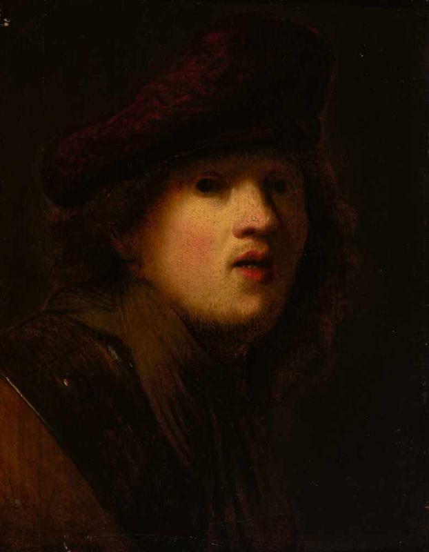 Circle of Rembrandt (17th century)Self portrait with a gorget and a beretOil on panel, 26.9 x 20.8